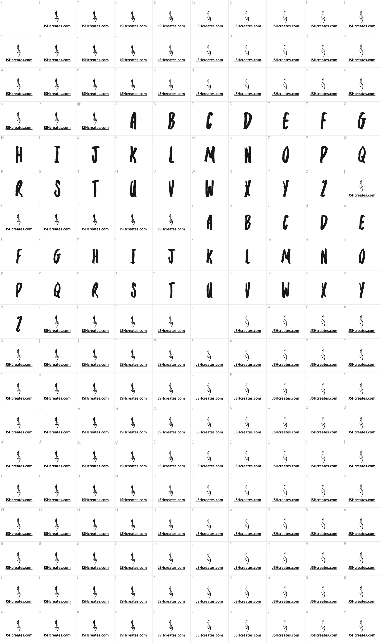 Marker Pens glyph table