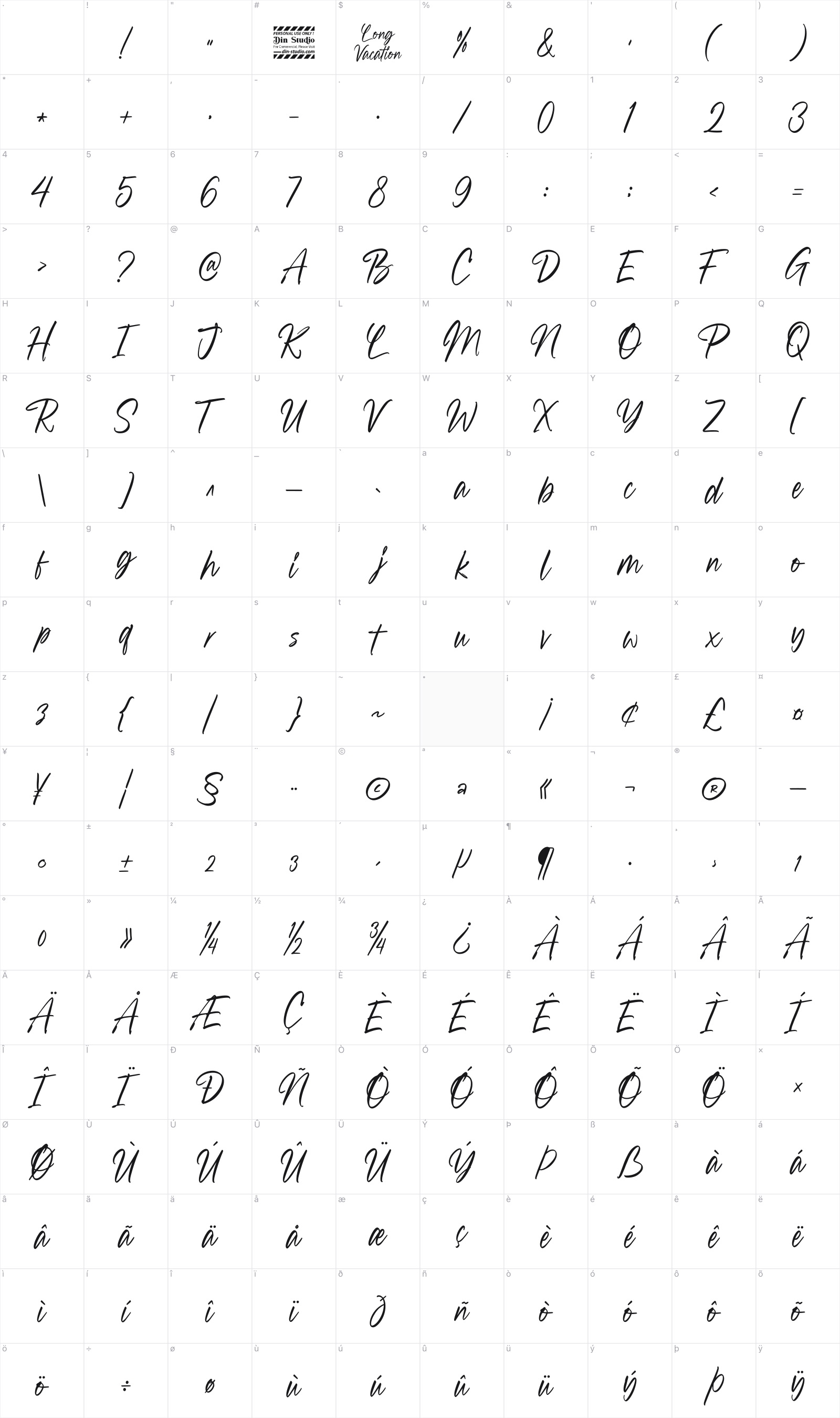 Long Vacation glyph table