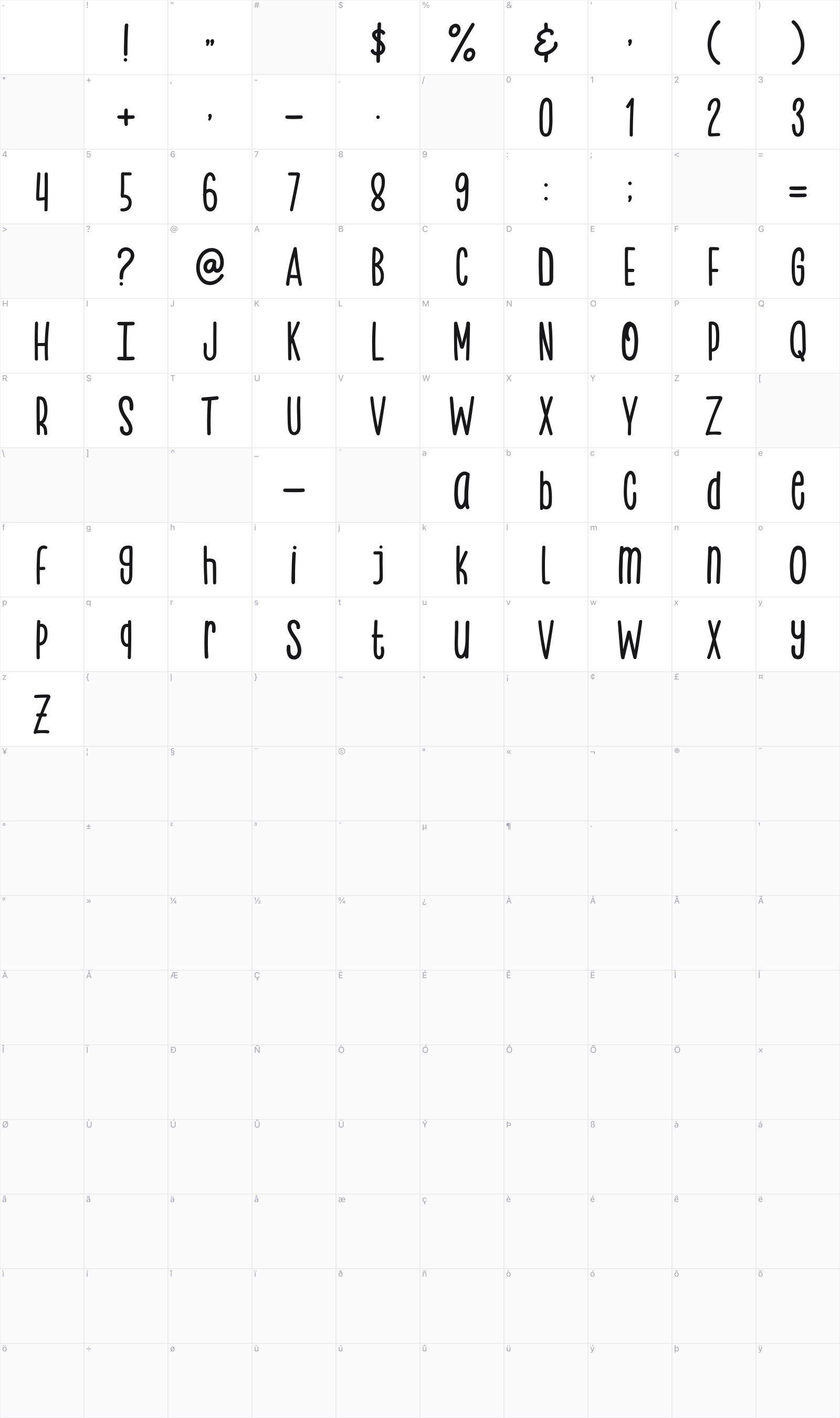 Tamarind Days glyph table