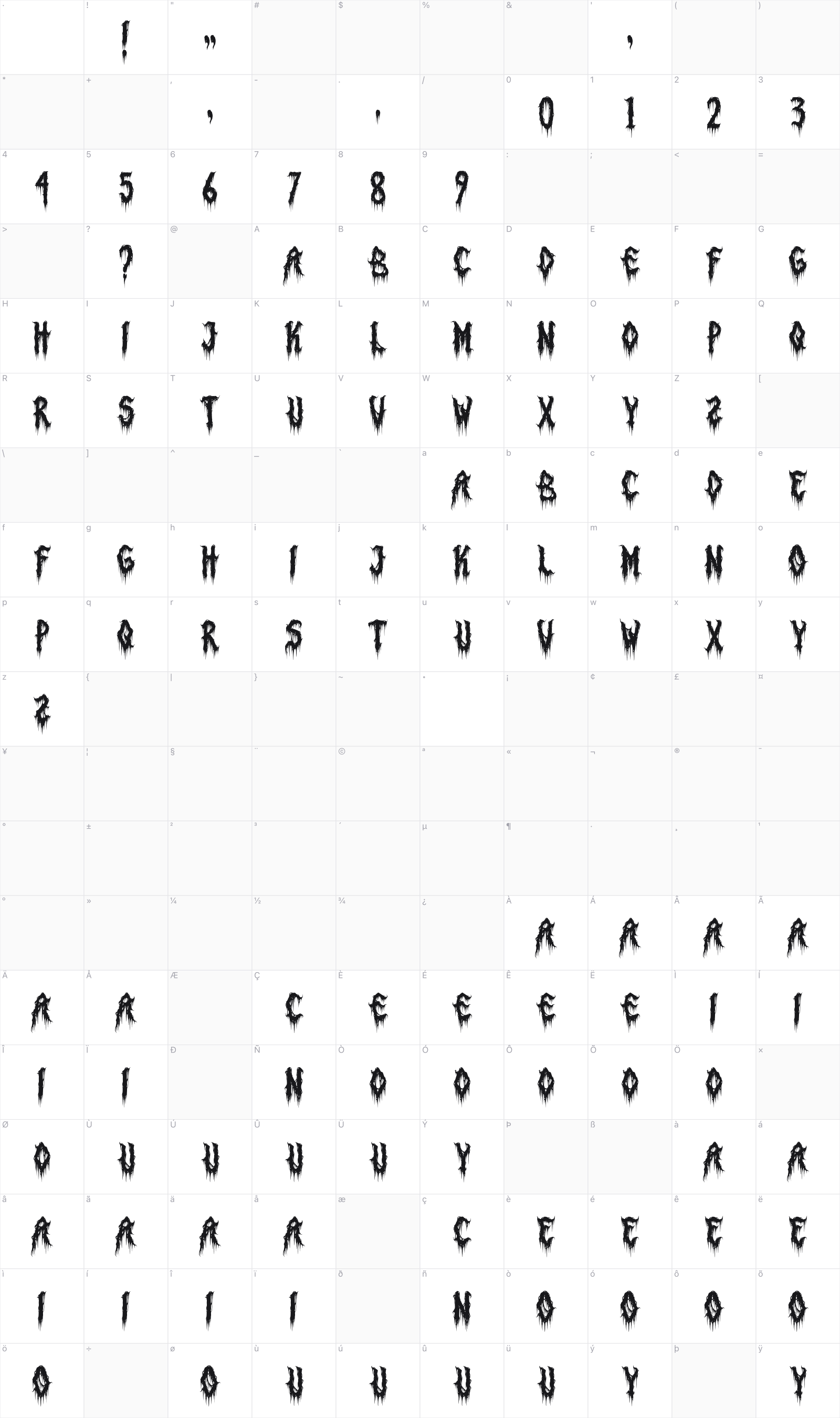 Punish Sinner Horror glyph table