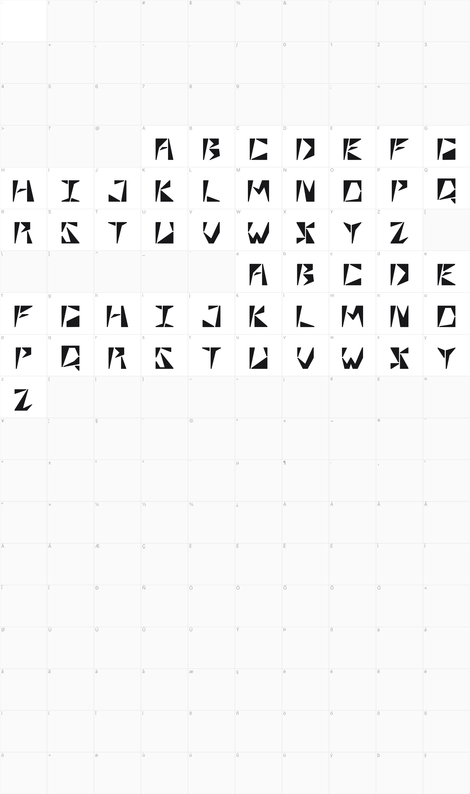 Quadra glyph table