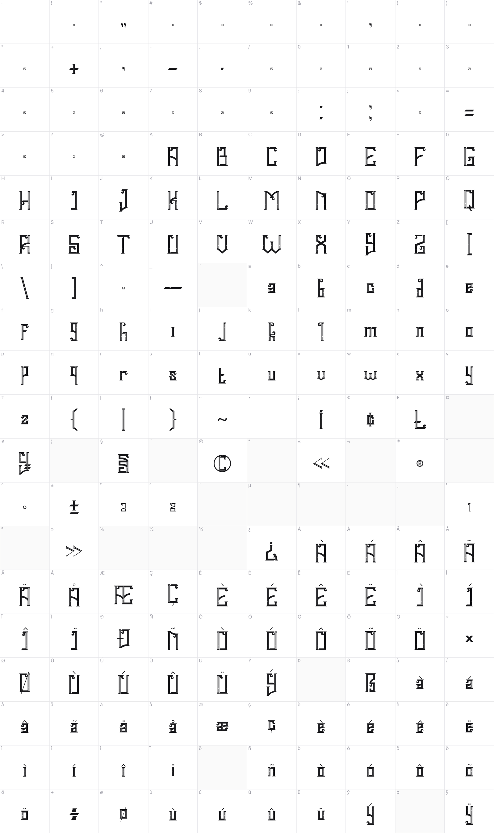 Gyldan glyph table