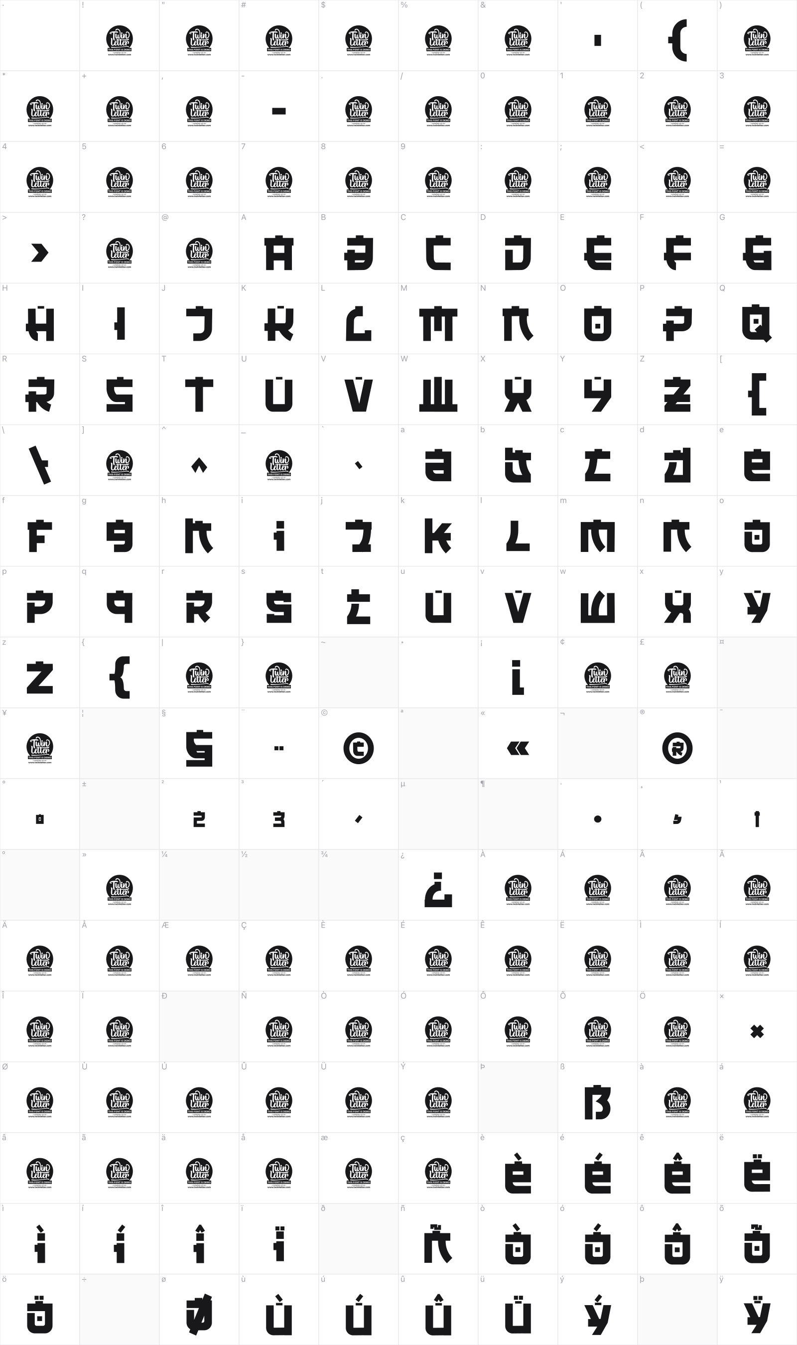 Kawara glyph table
