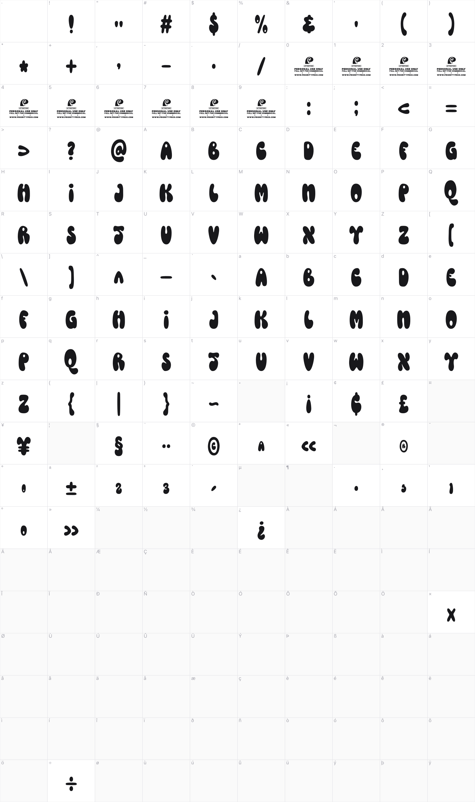 Nineties Stuff glyph table