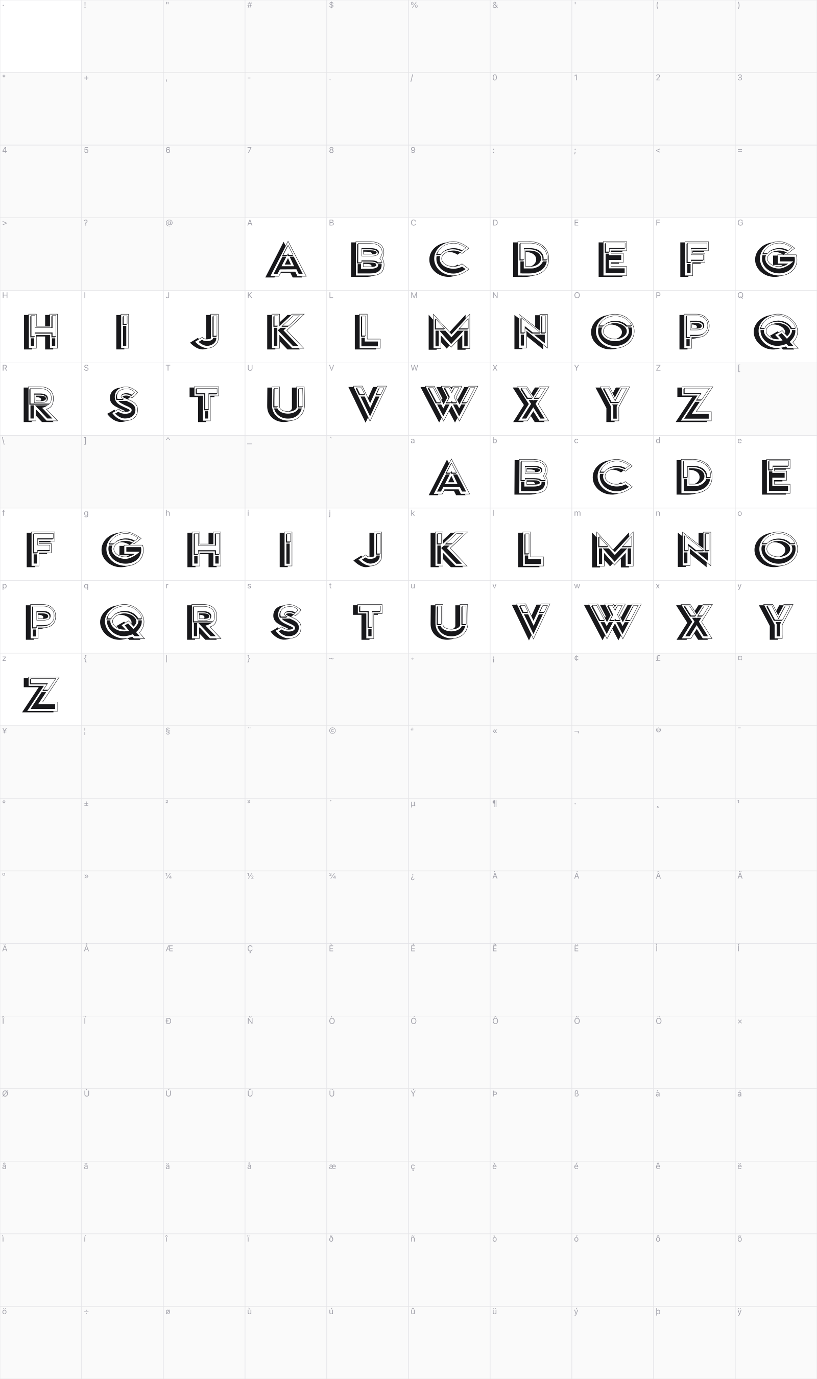 Princino glyph table