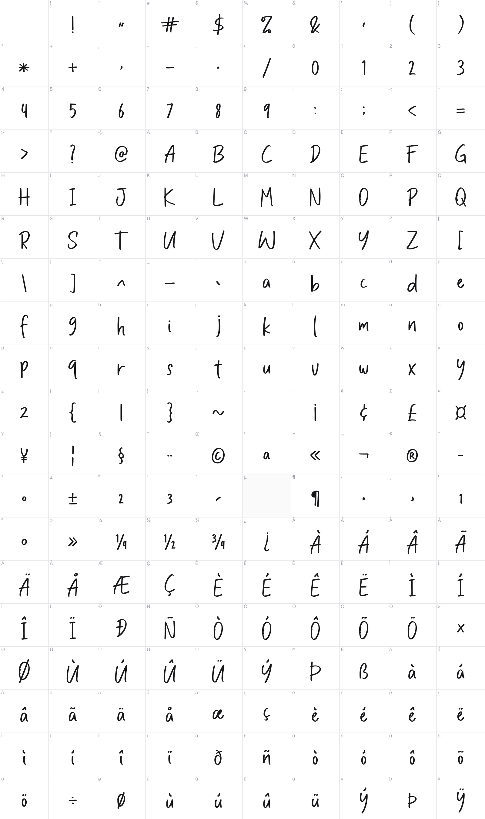 Bold Lining glyph table