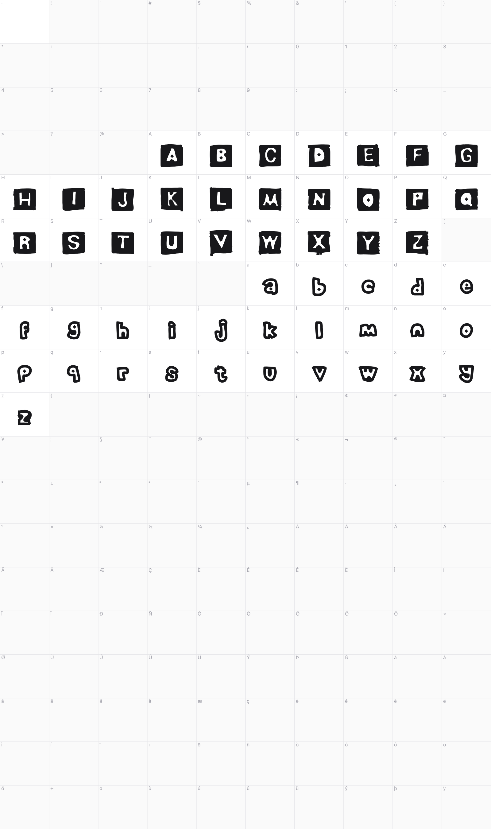 Erased Pencil glyph table