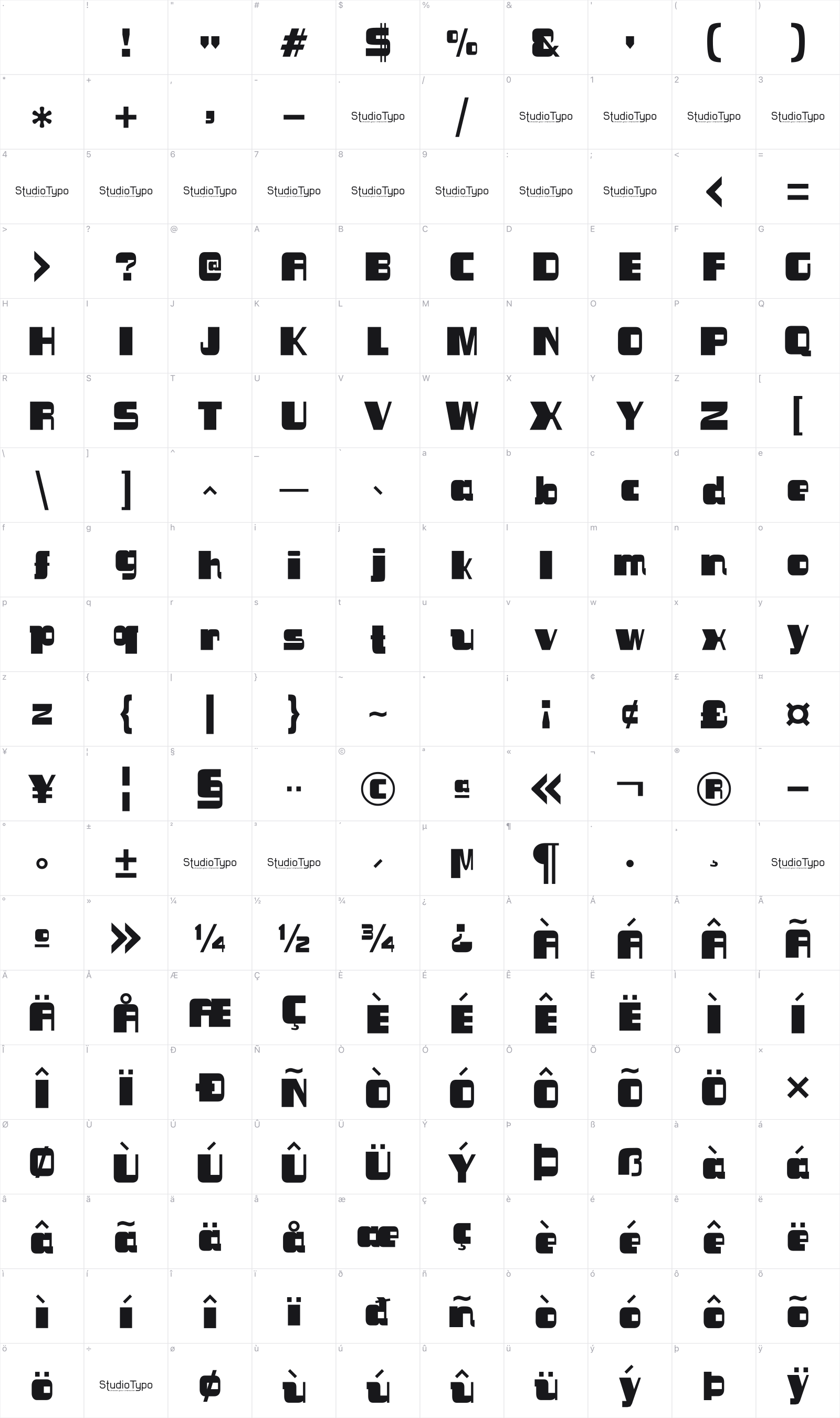 Sinema glyph table
