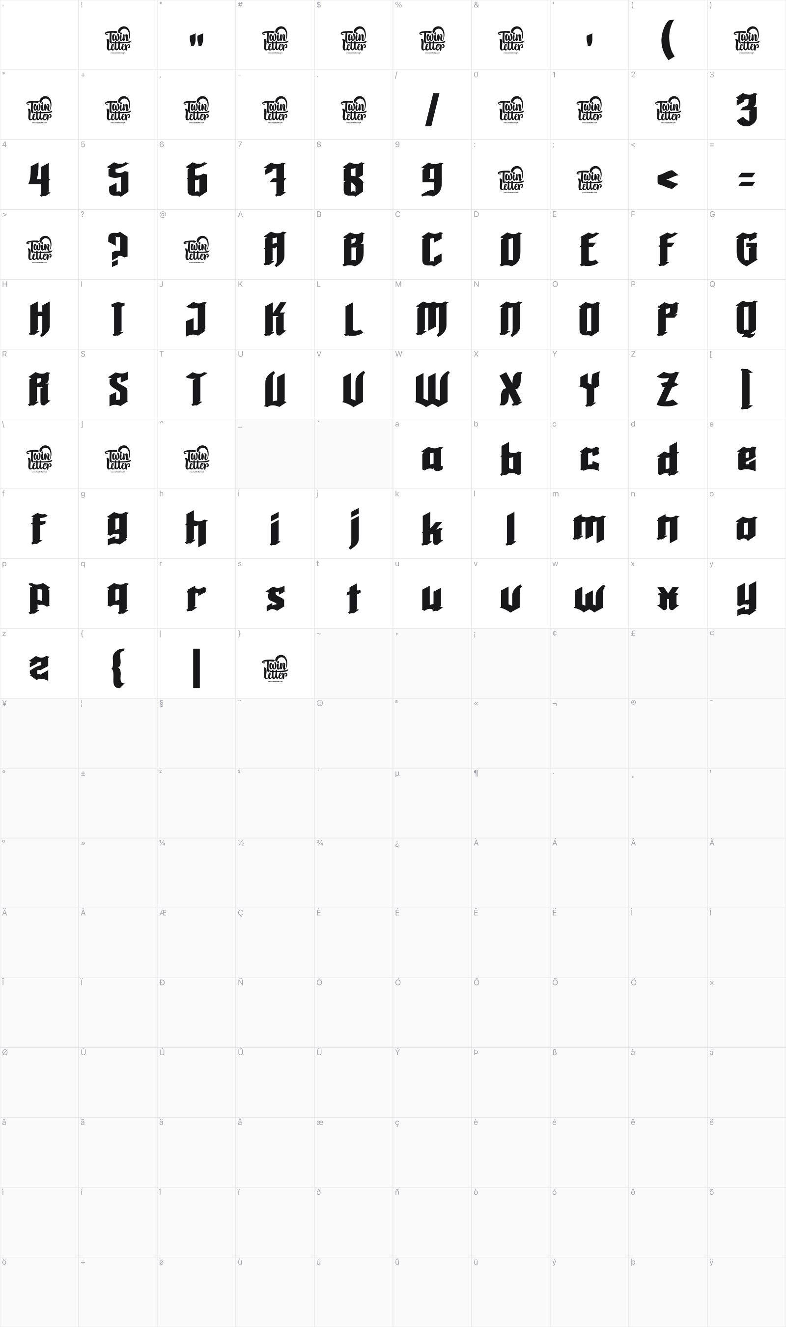 Roback glyph table