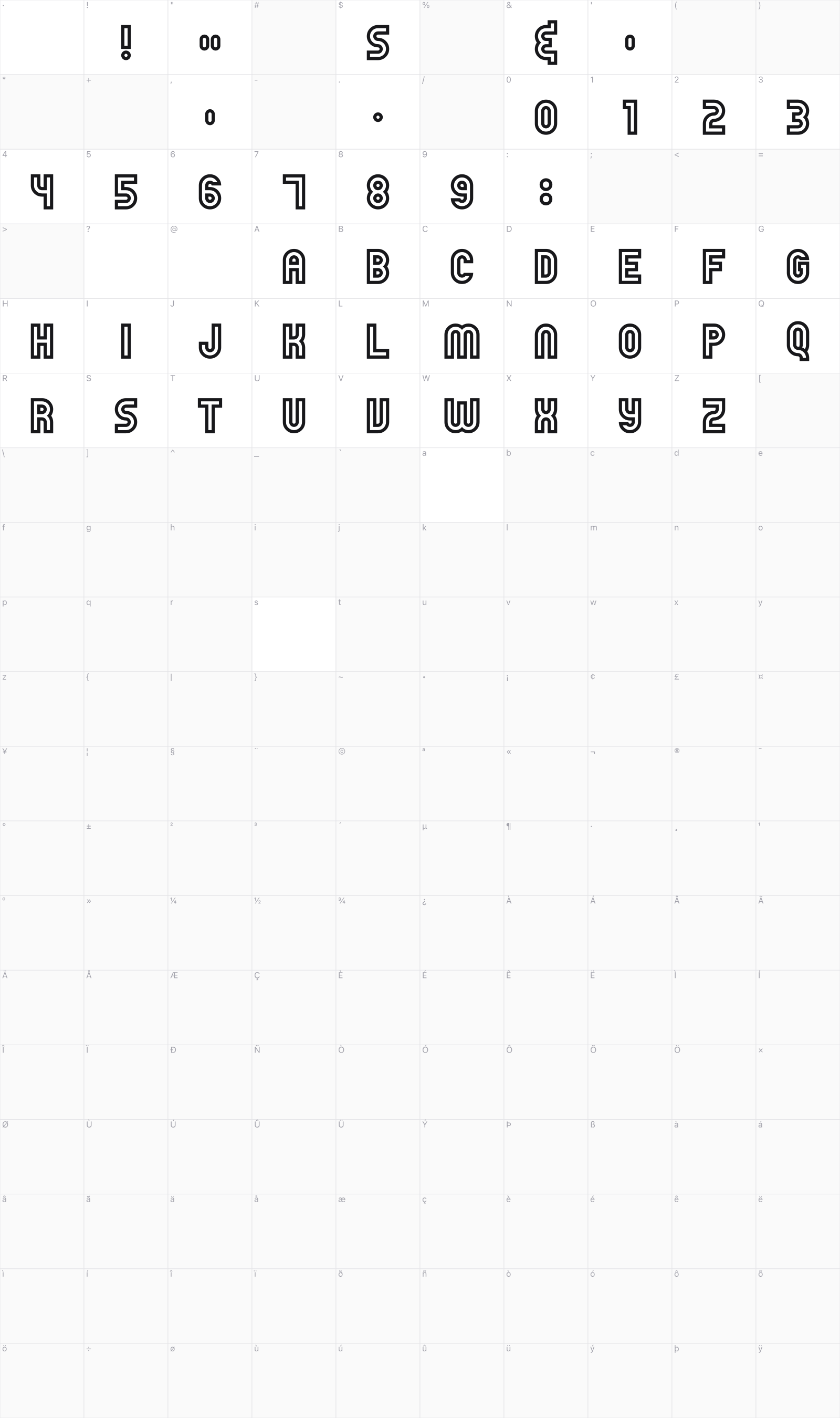 Outfield Pro glyph table
