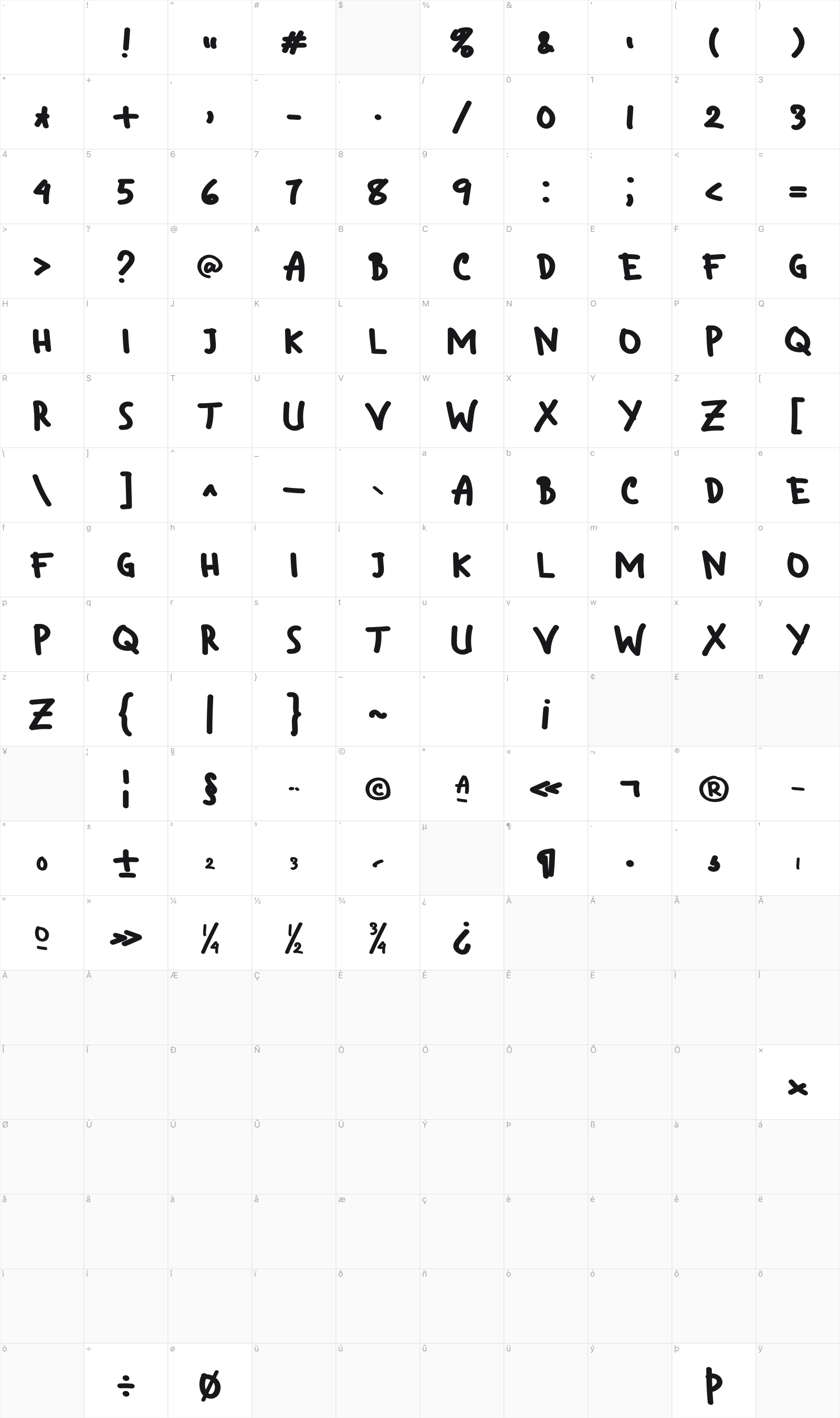 Fruit Squirting Sans glyph table