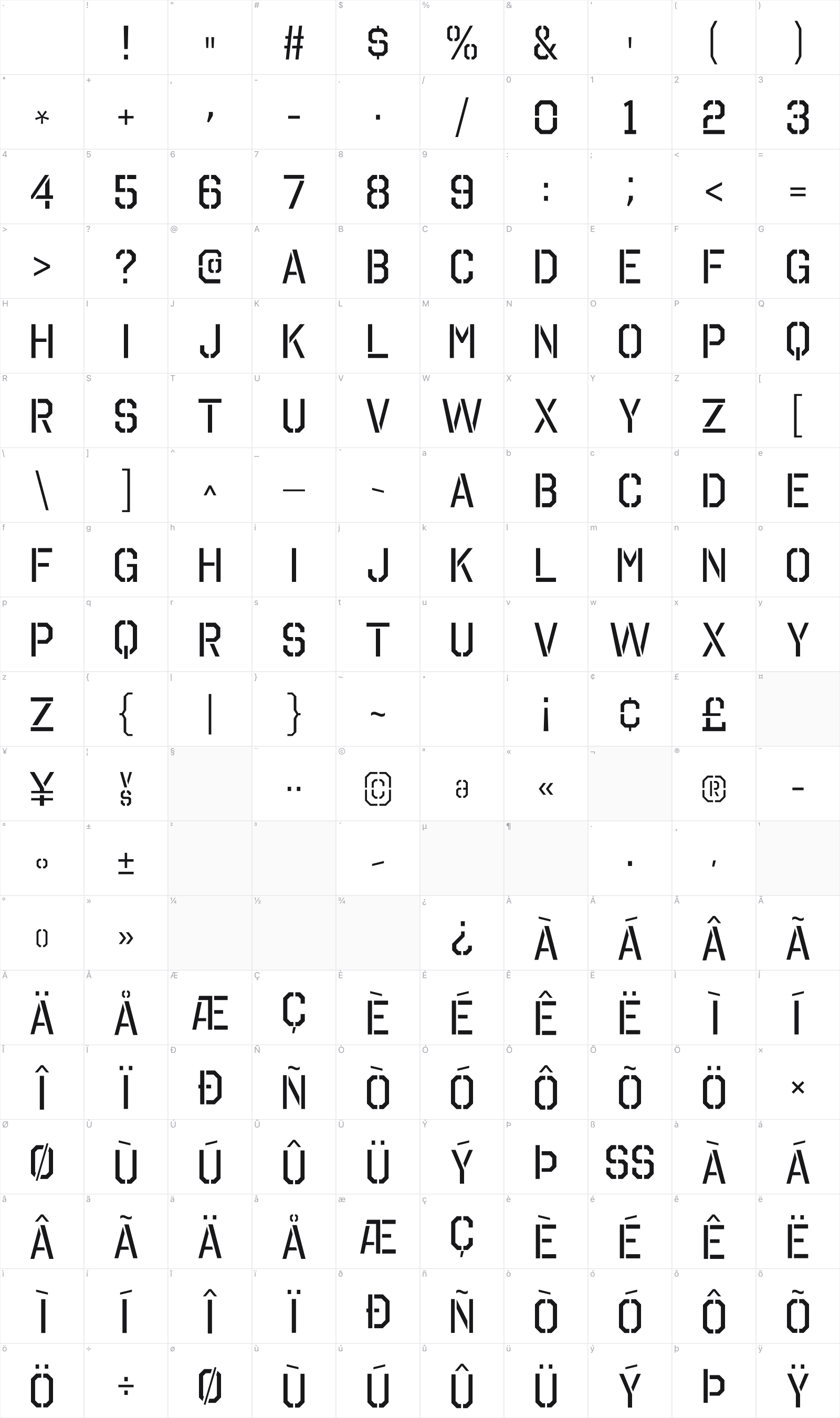 Octin Stencil Free glyph table