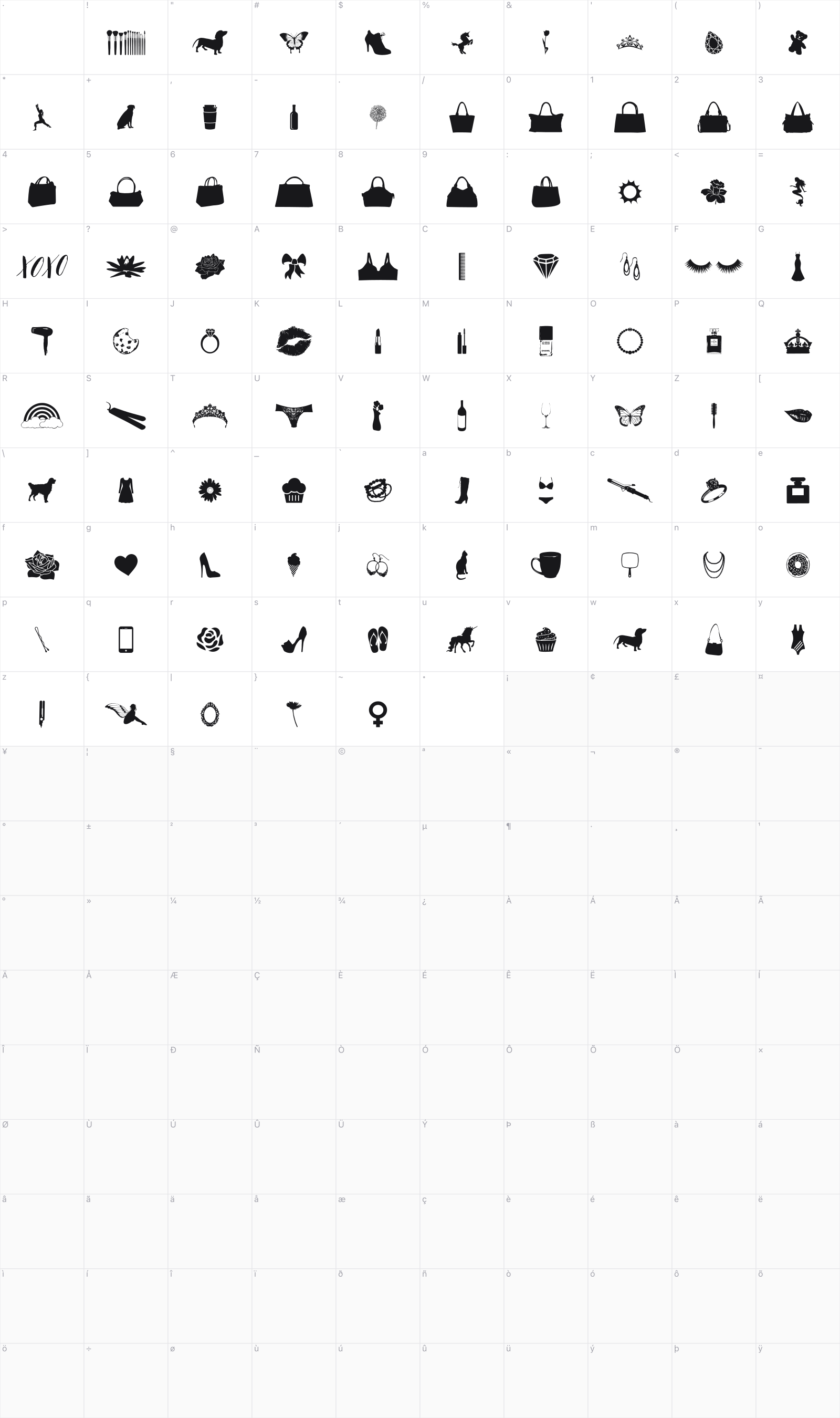 212 Girly Stuff glyph table