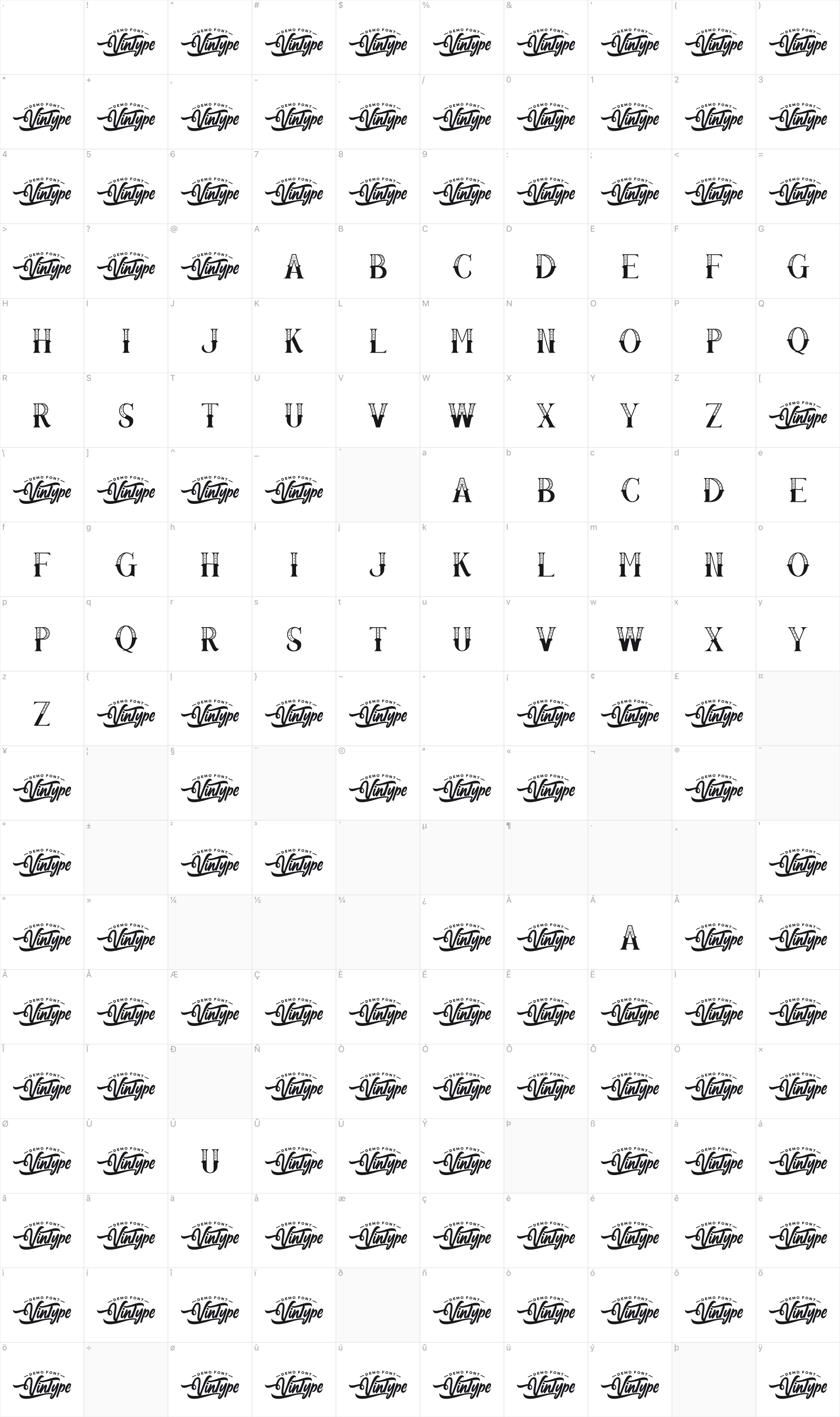 New Cowboy glyph table