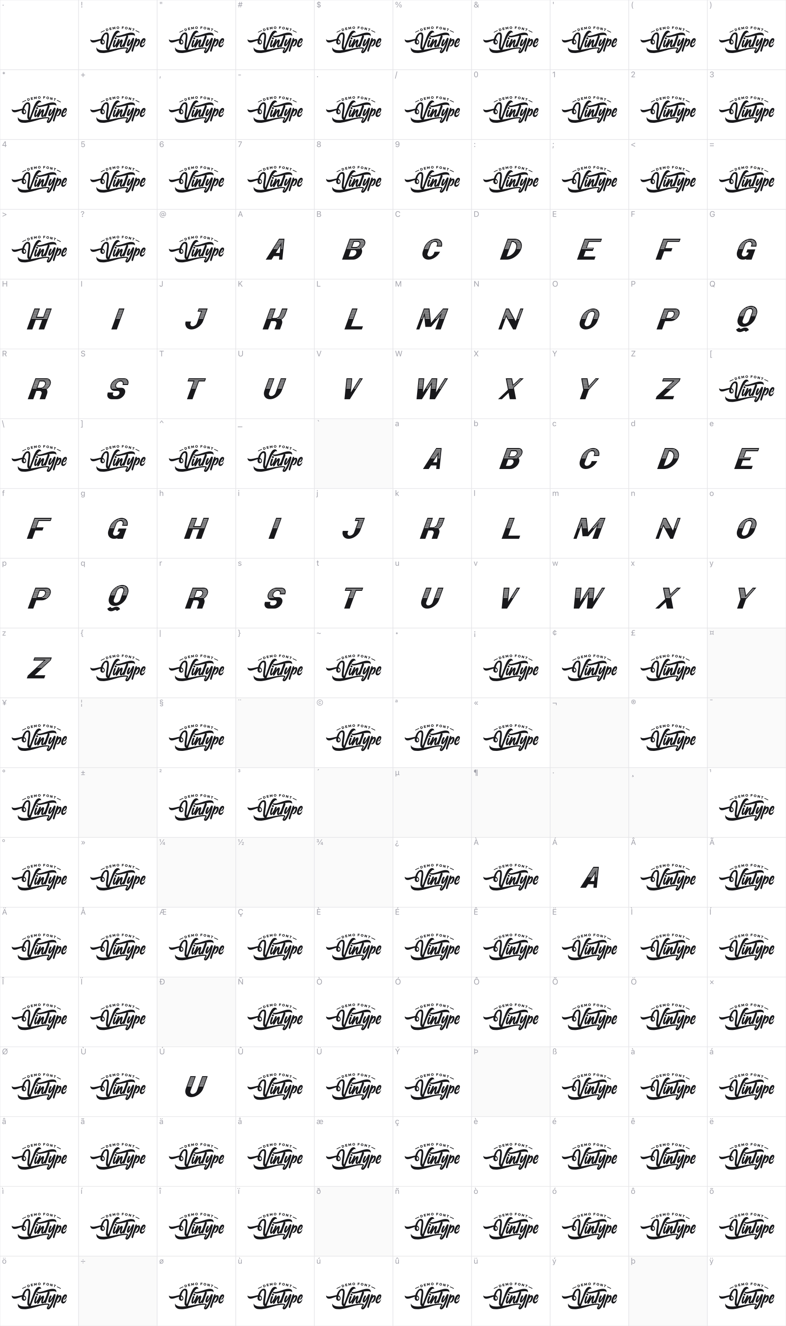 Retro Race glyph table