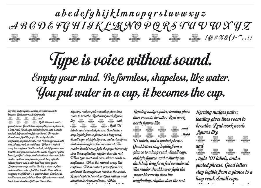 Bucklane Script specimen sheet