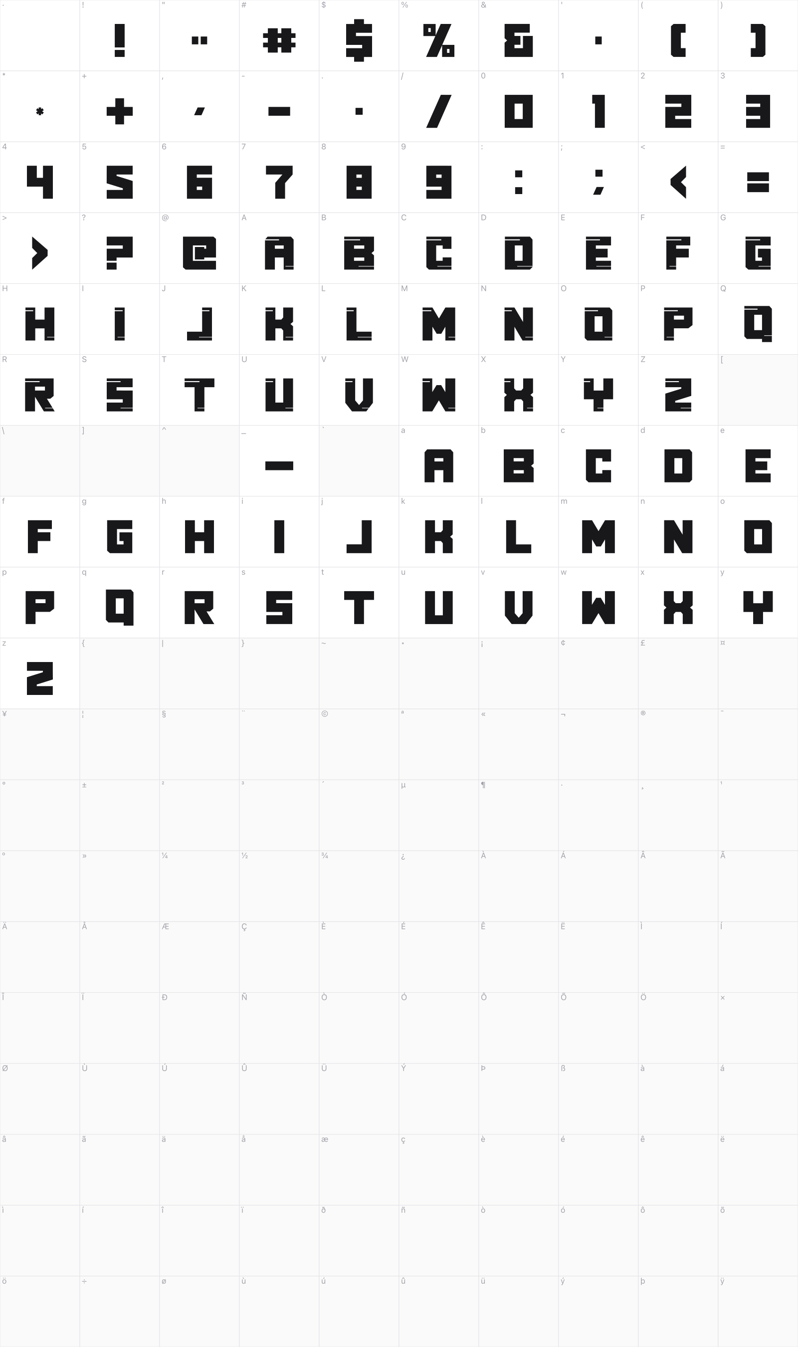 Real Young glyph table