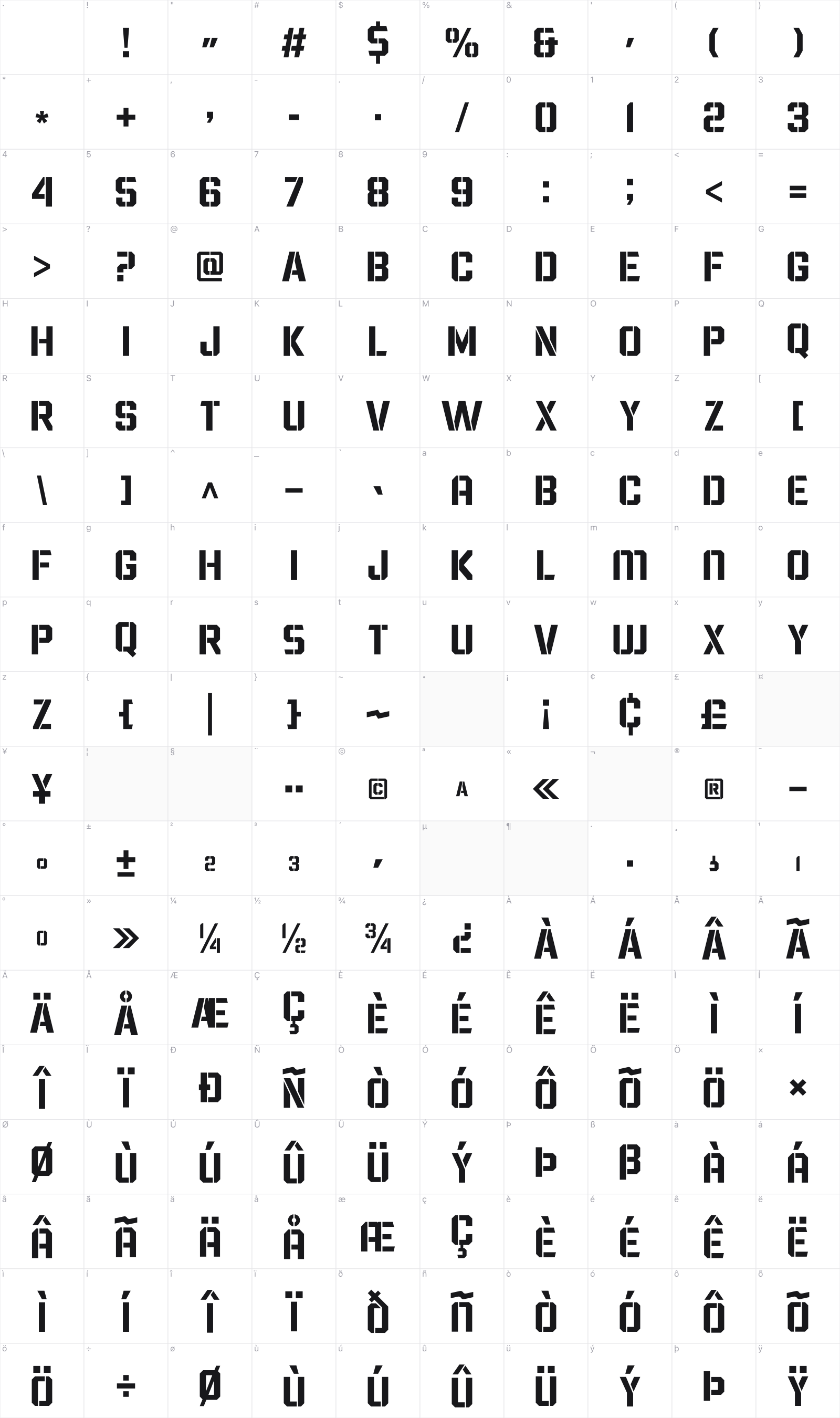 Wargate glyph table