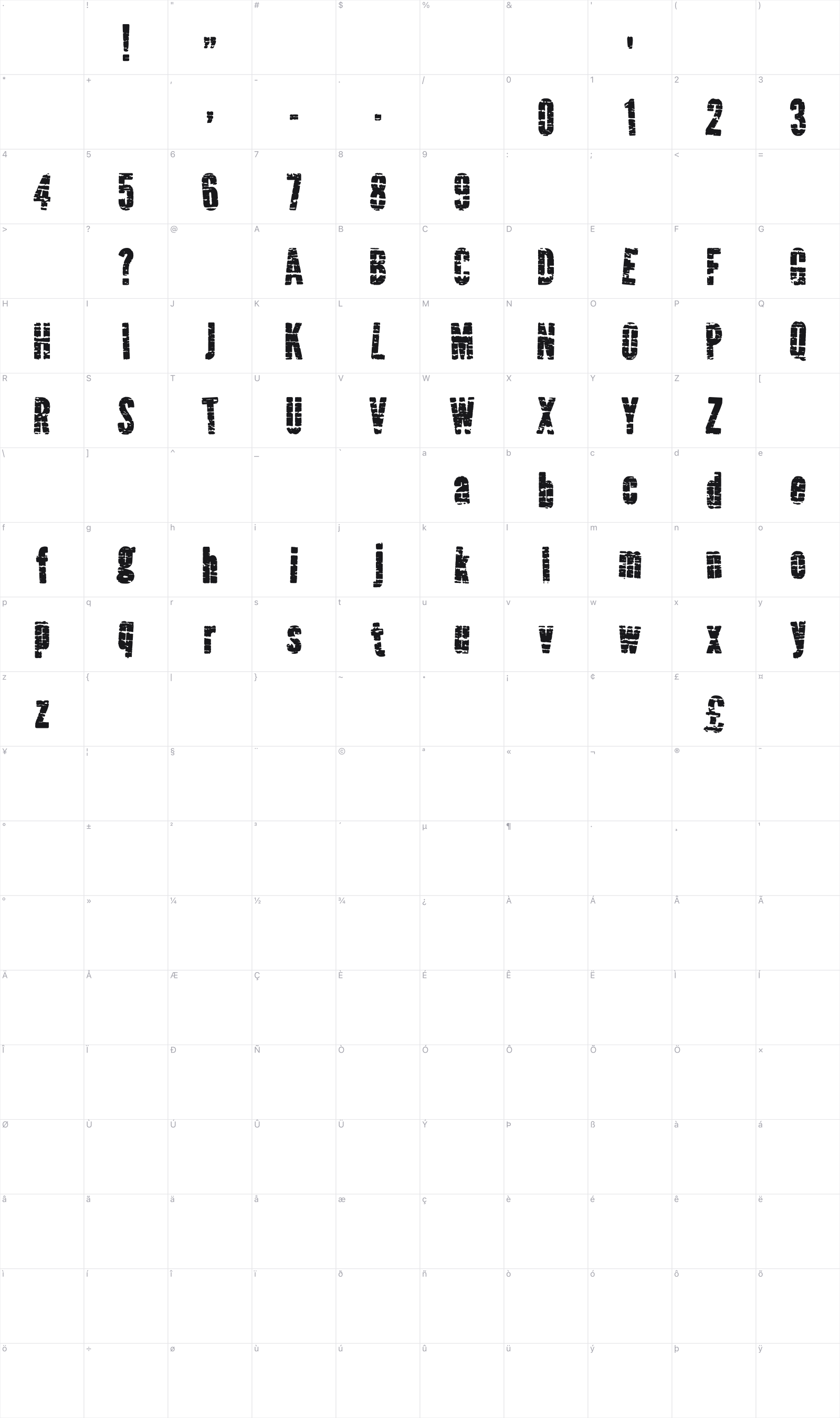 Qrackstreet glyph table