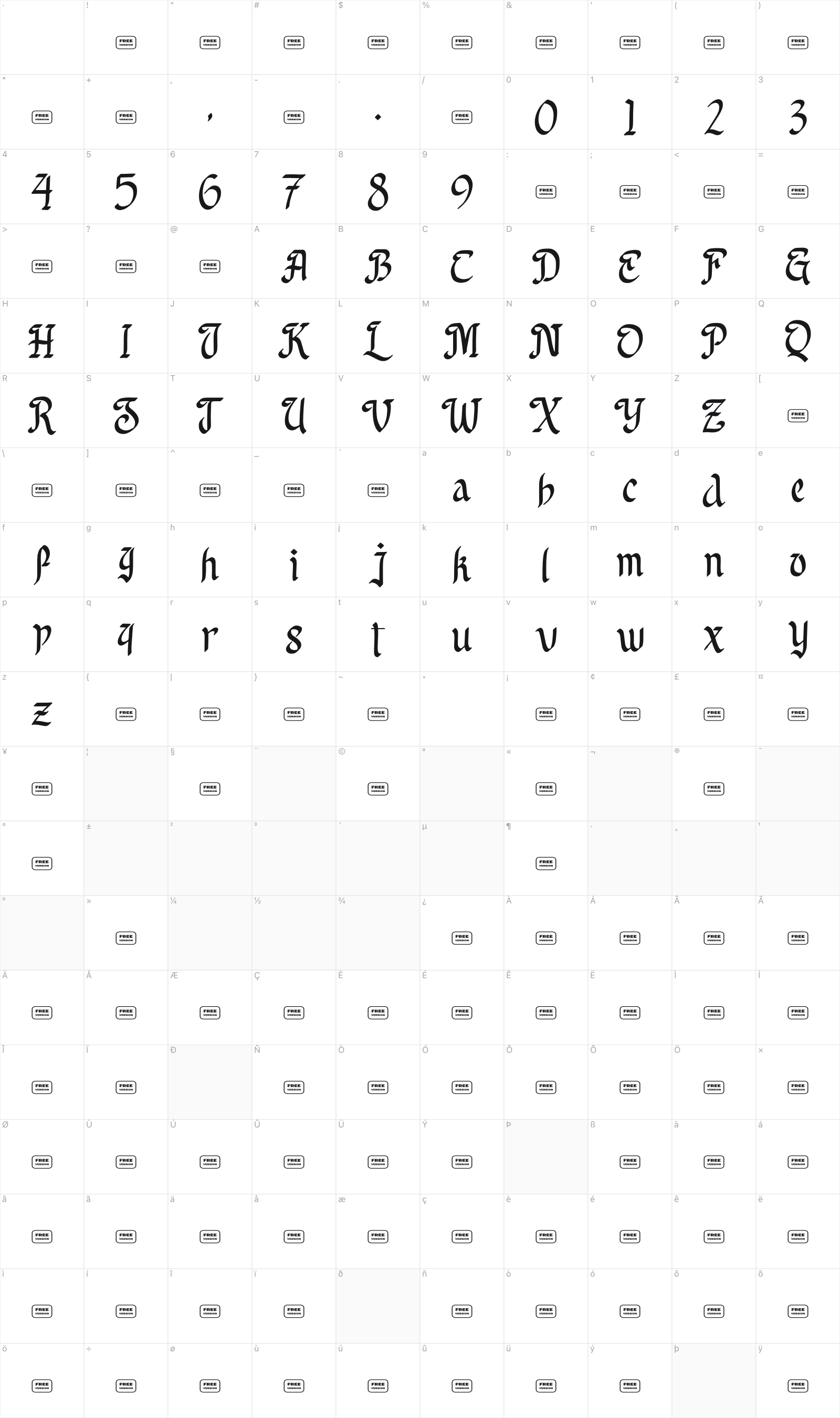 Reclaim Glory glyph table