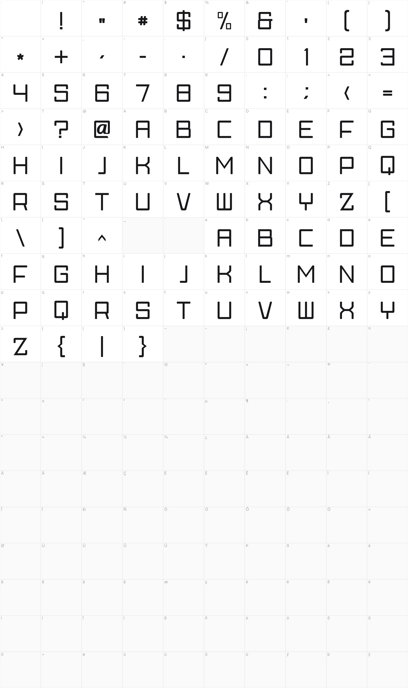 Skylark glyph table