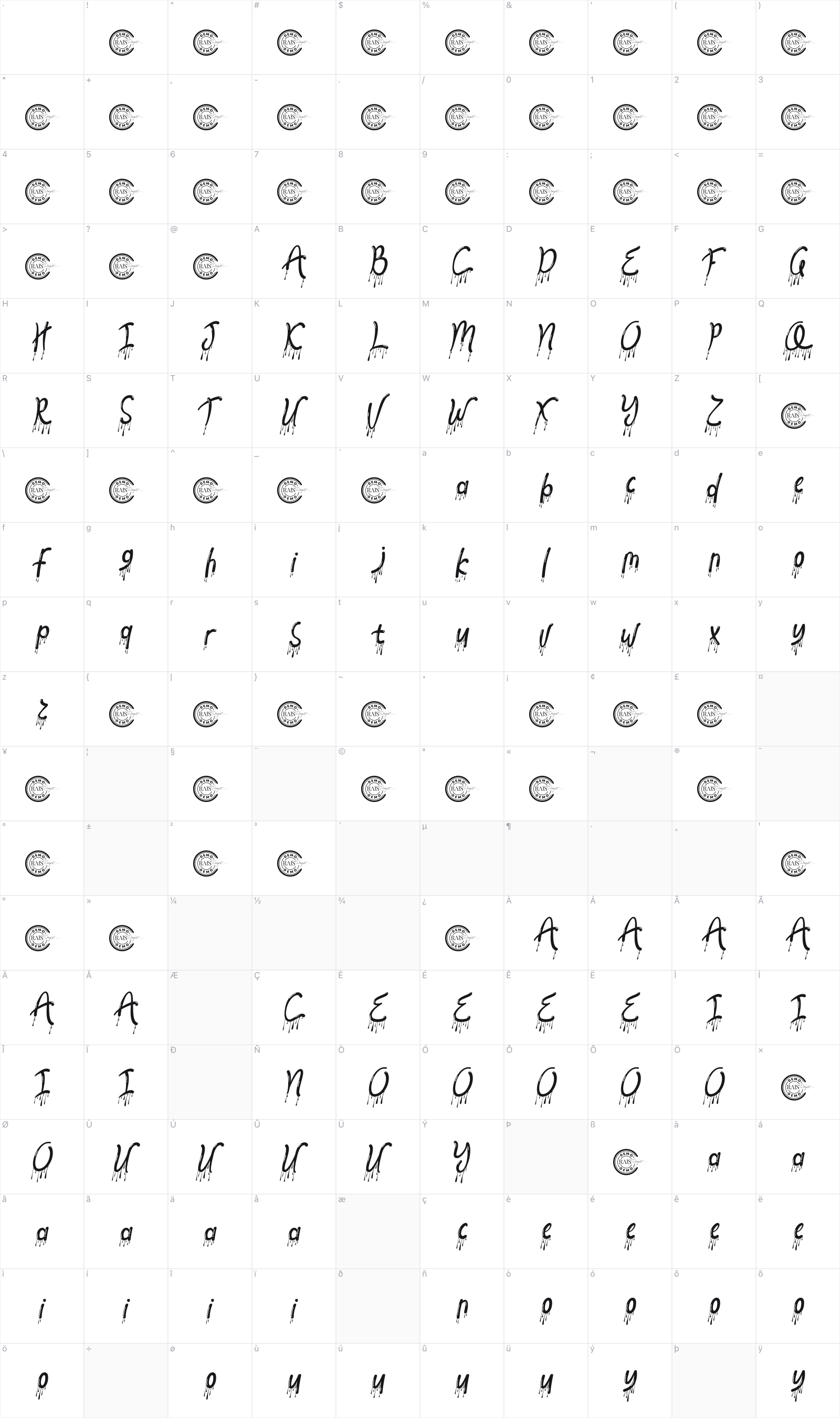 Melting Words glyph table