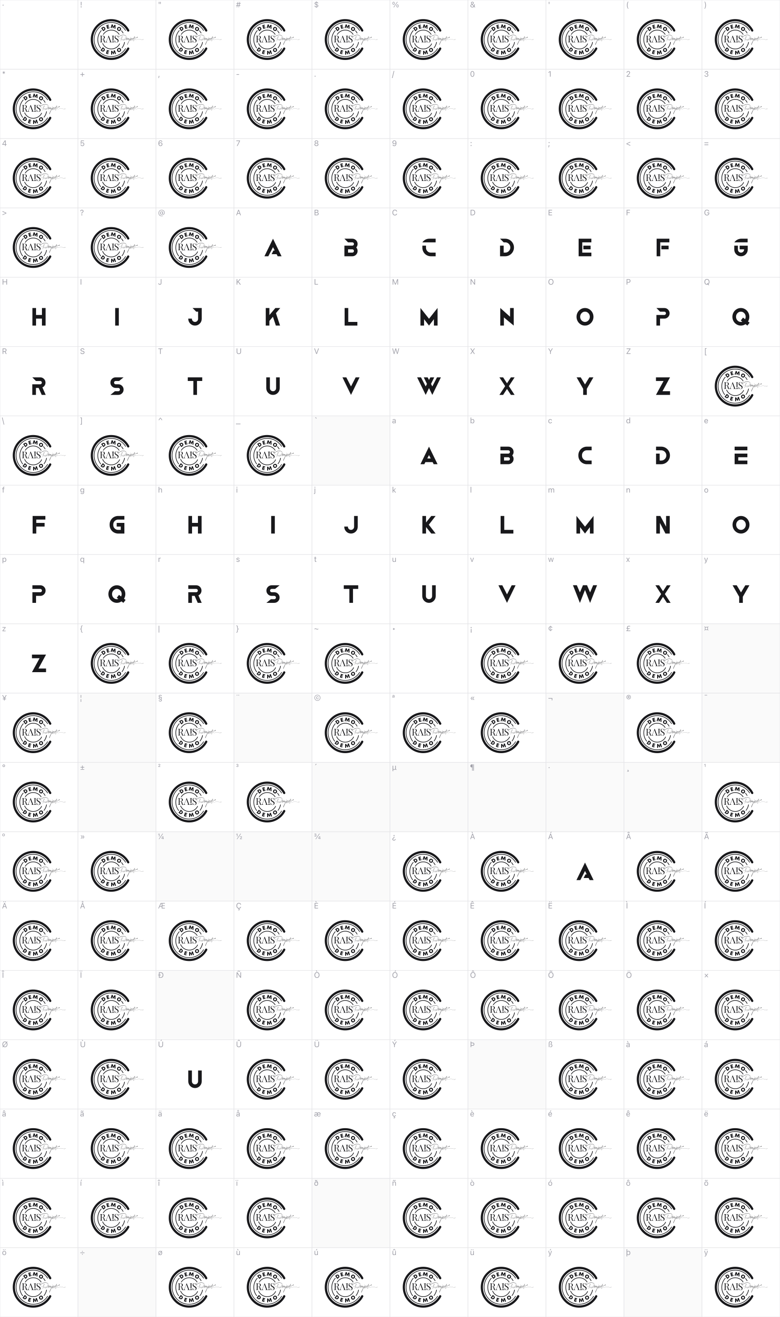 Dragraces glyph table