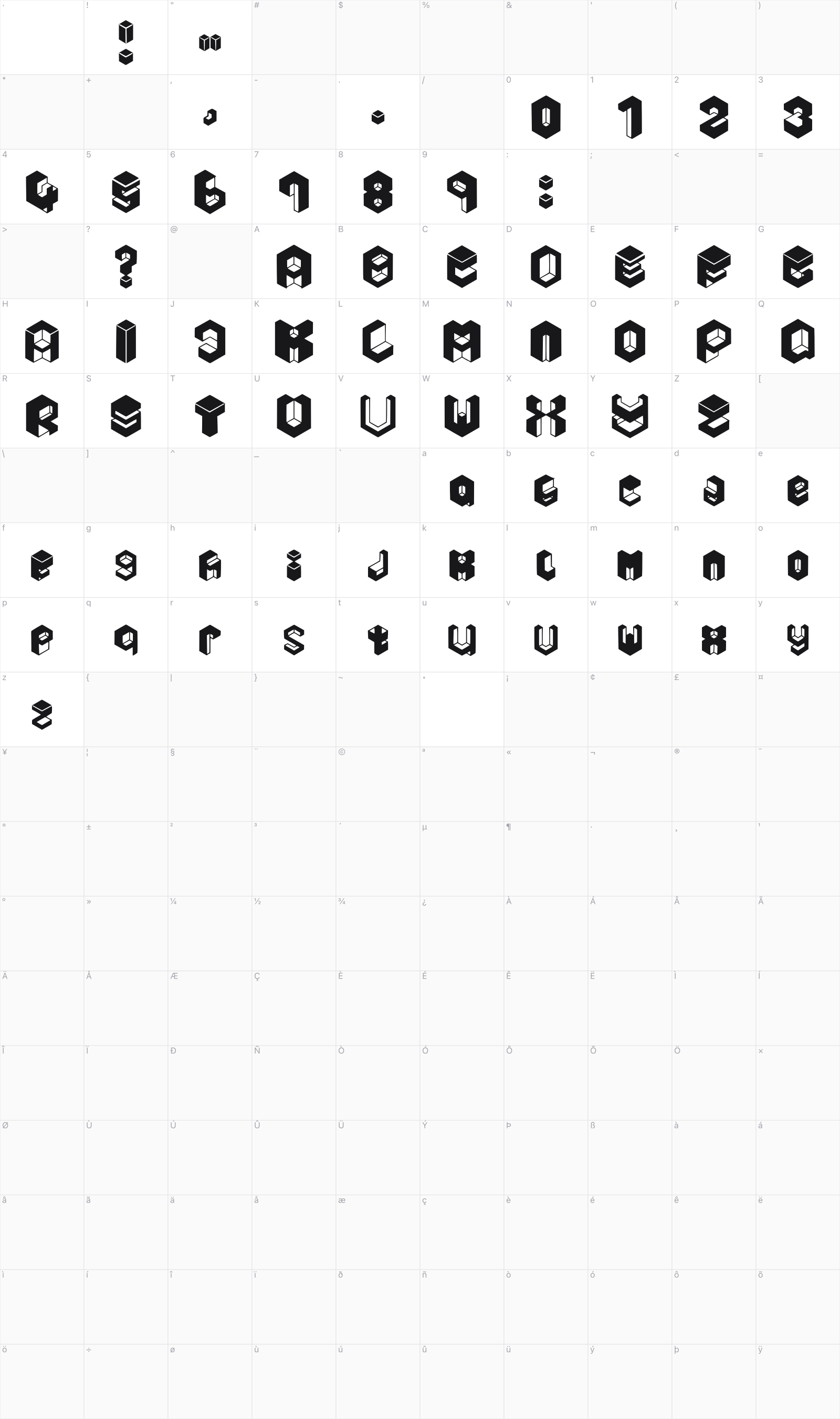 Yashi glyph table
