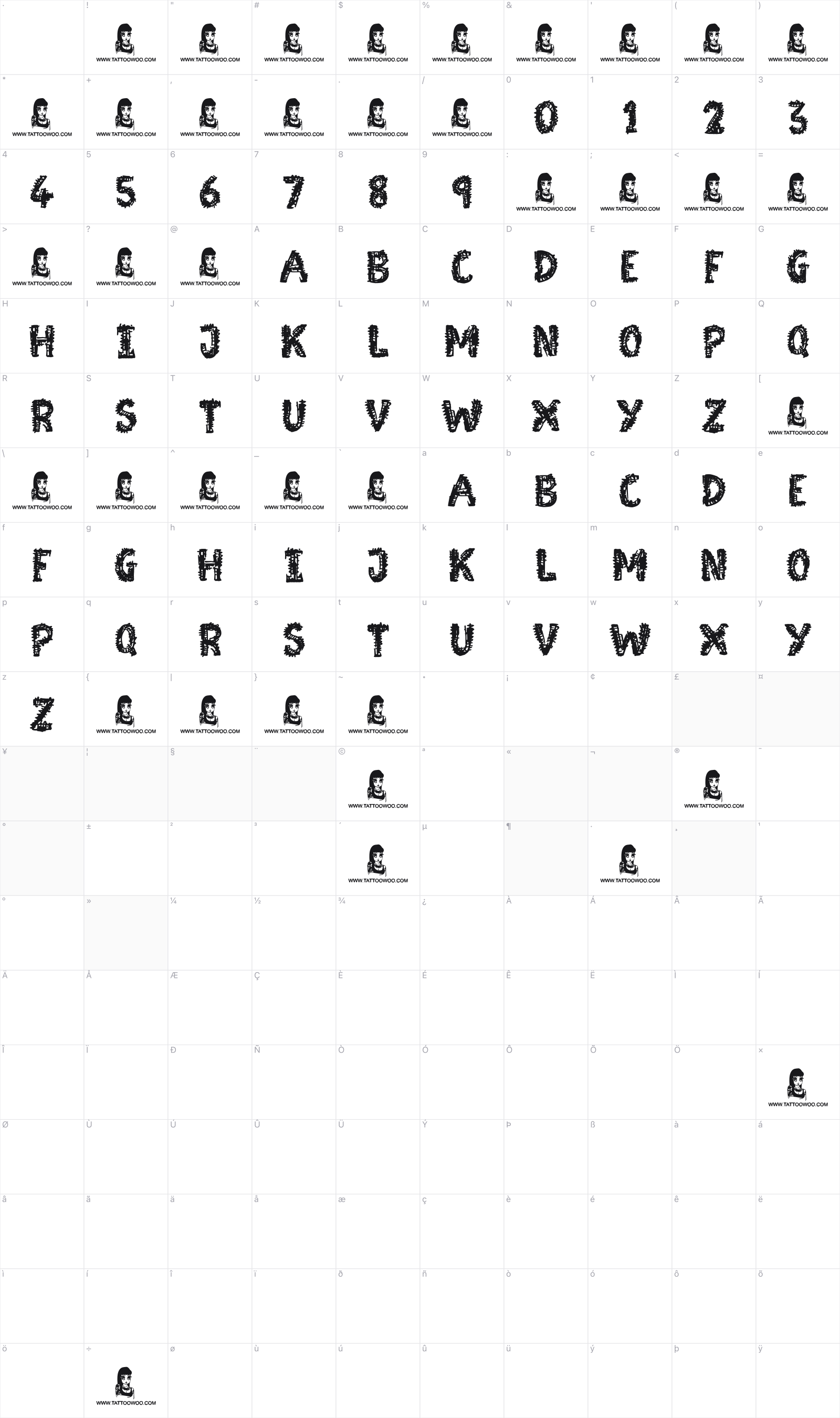 Moonstreet glyph table