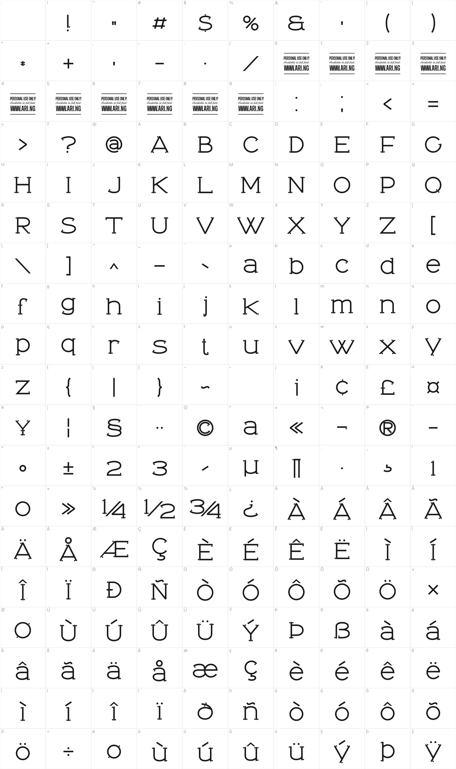 Tomino glyph table