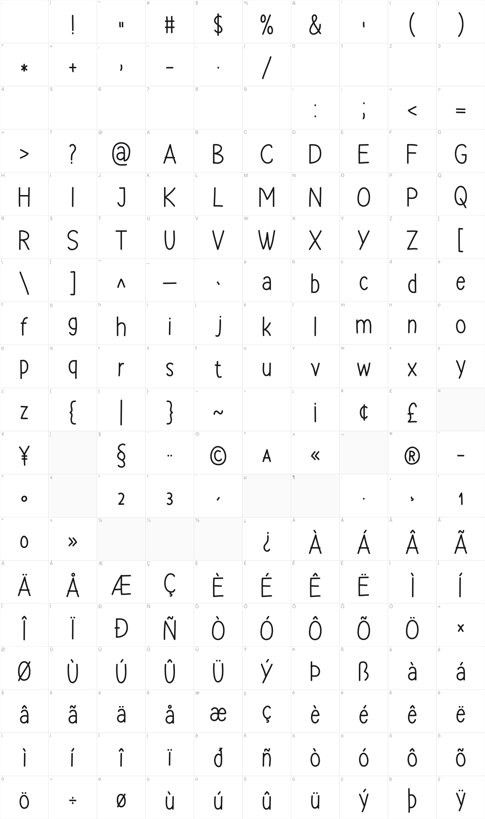 How Lovely glyph table
