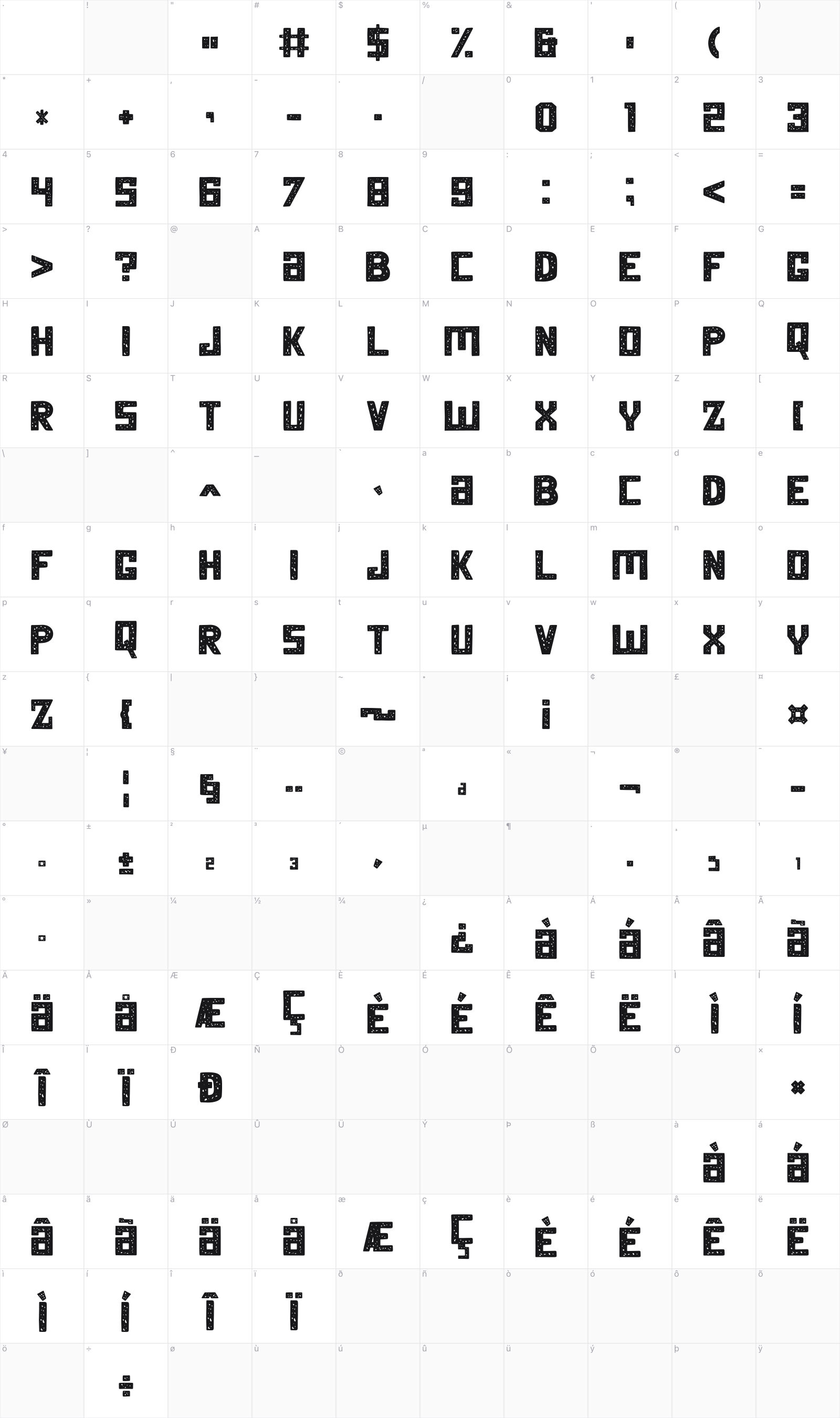 Summer Square glyph table