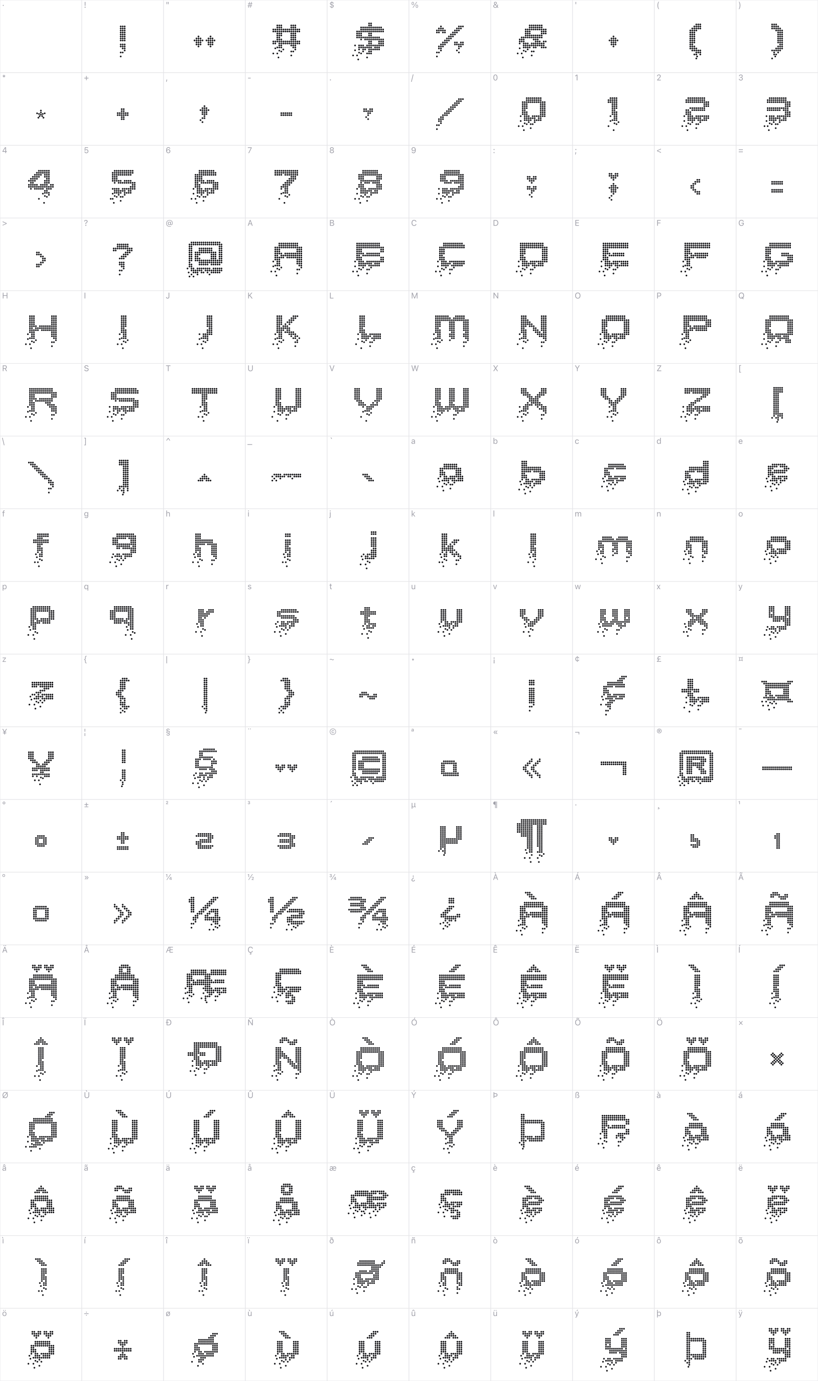 HF Hourglass glyph table