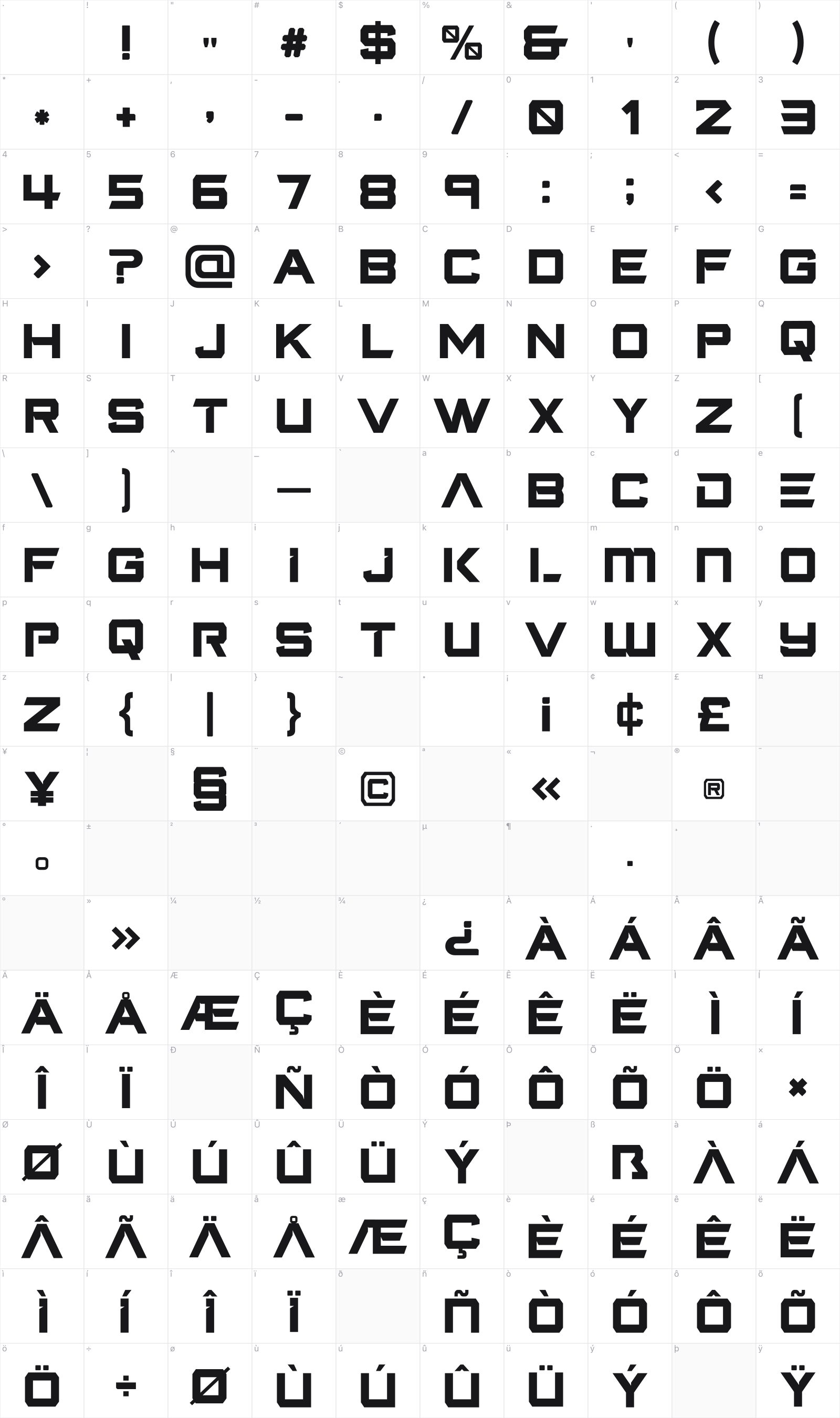 Qehadex glyph table