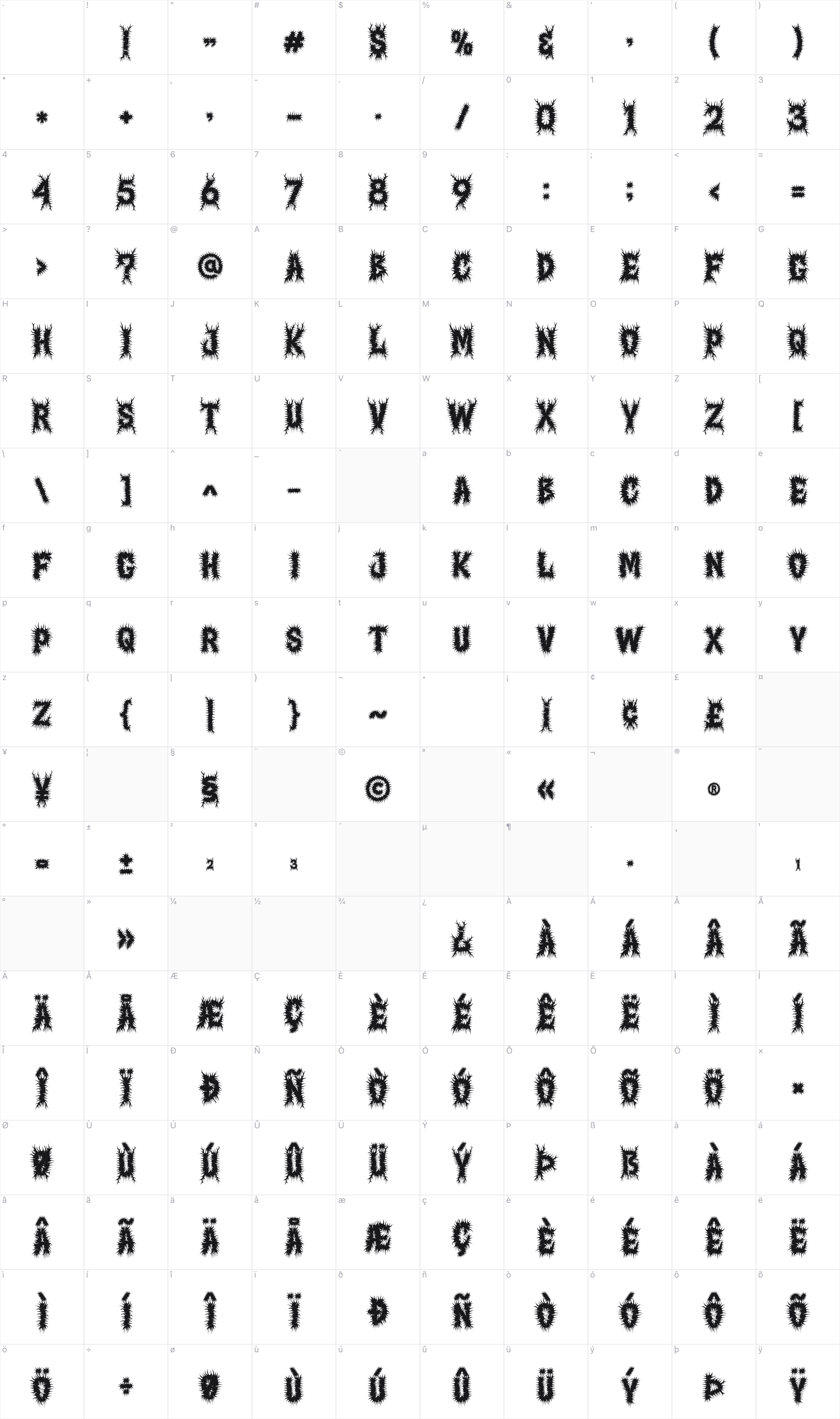 Night Roots glyph table