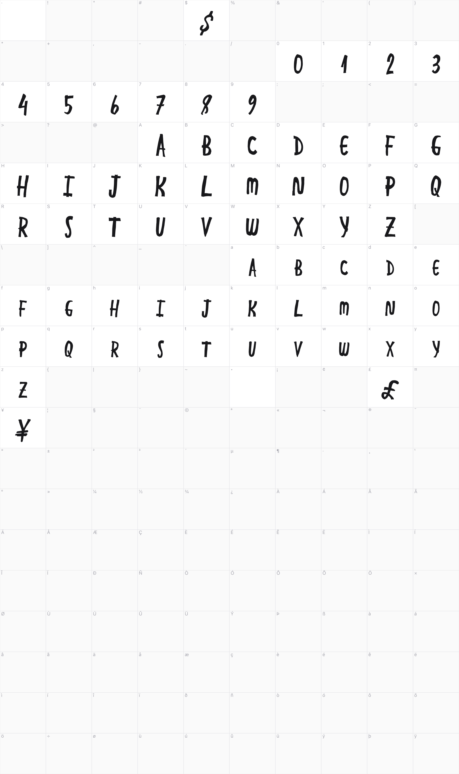 Great Ending glyph table