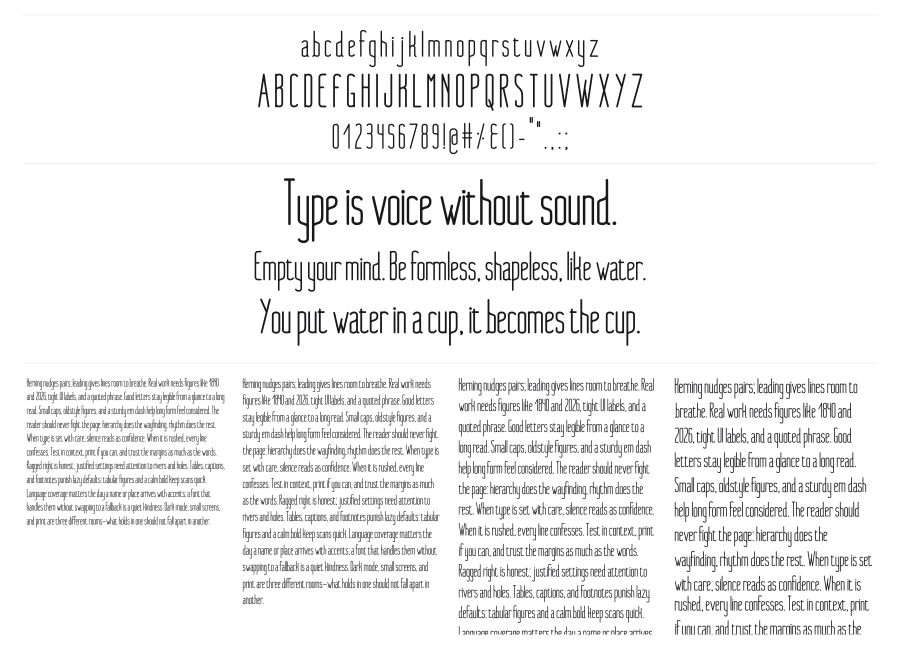 Nue specimen sheet