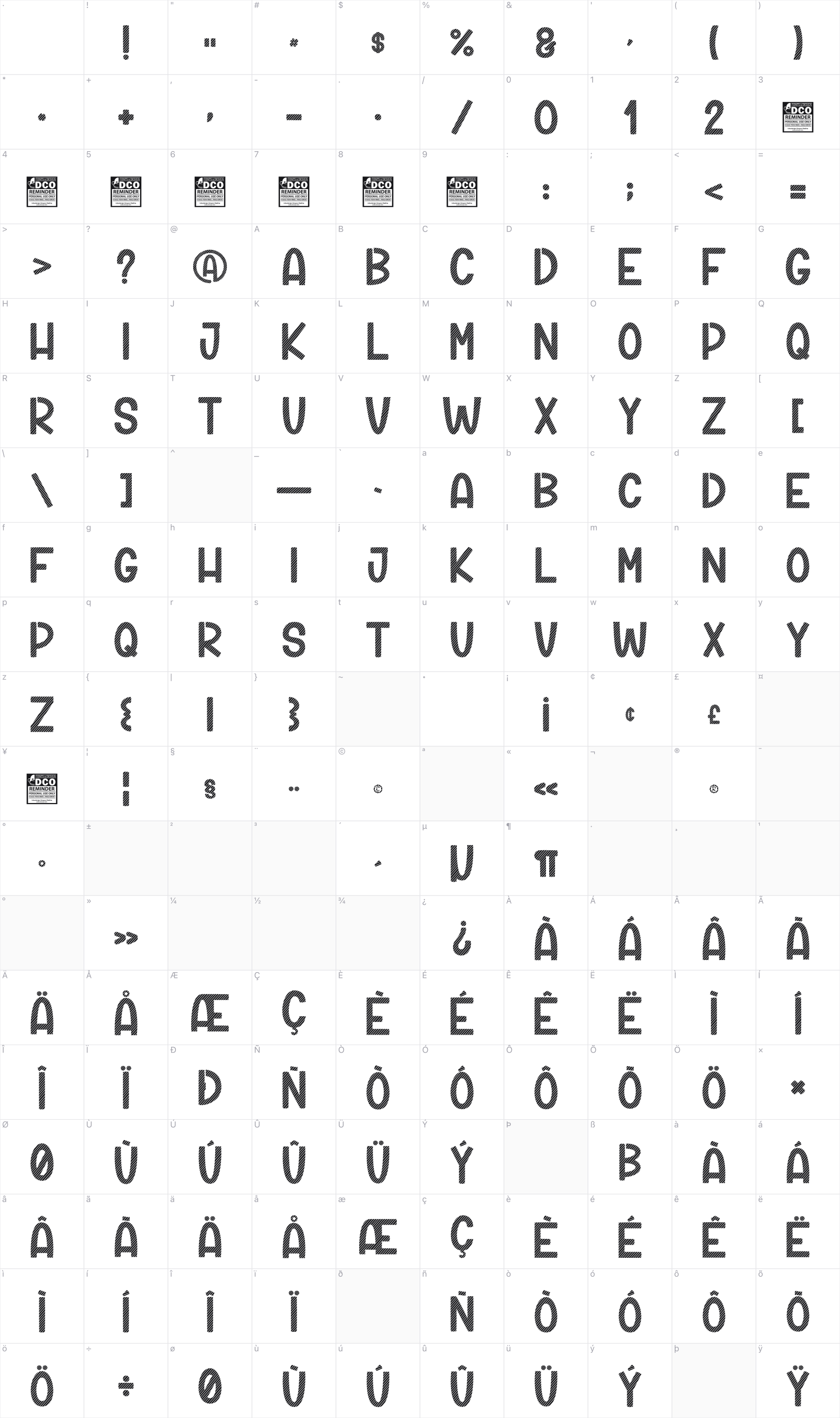 Erikut glyph table