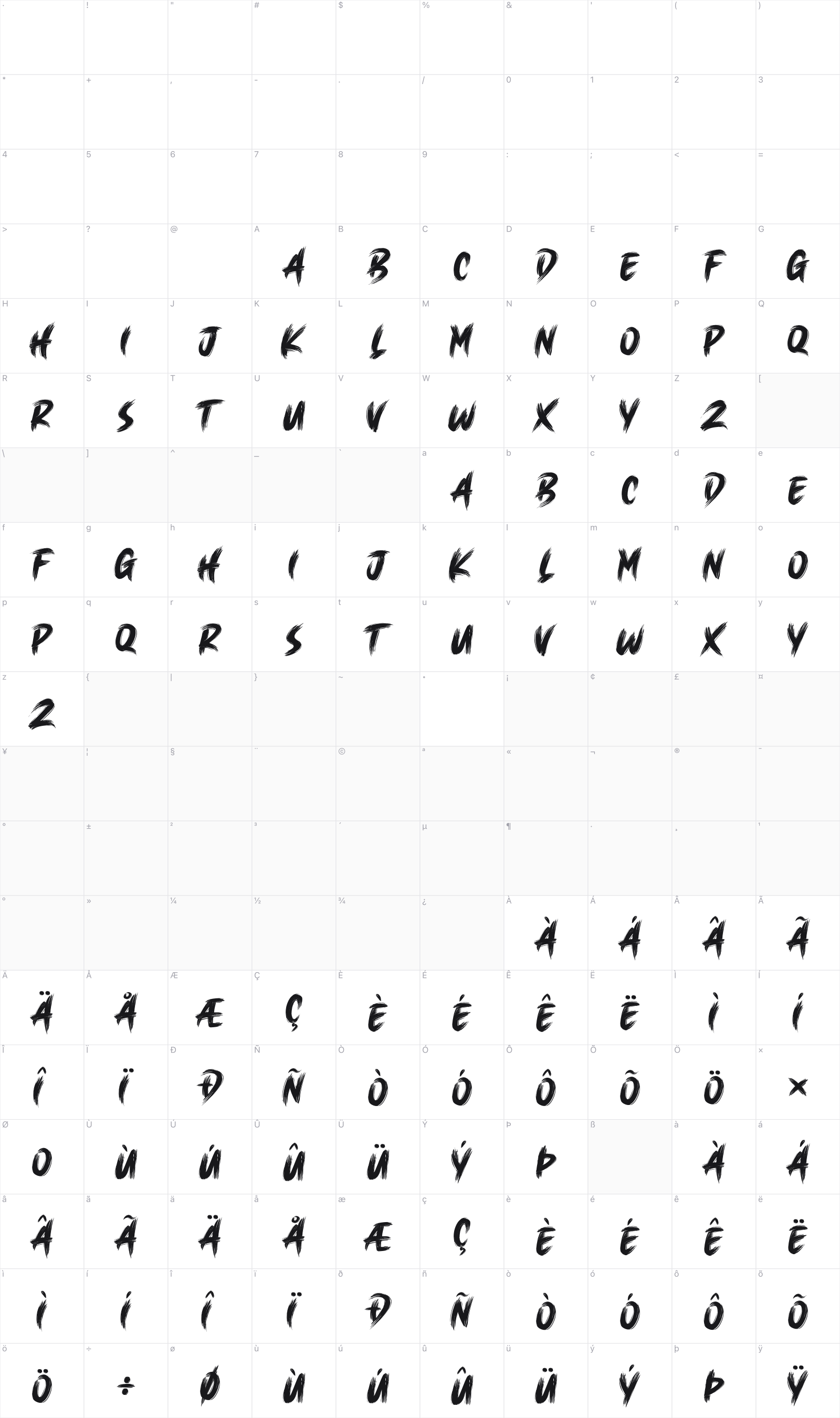 Brush King glyph table