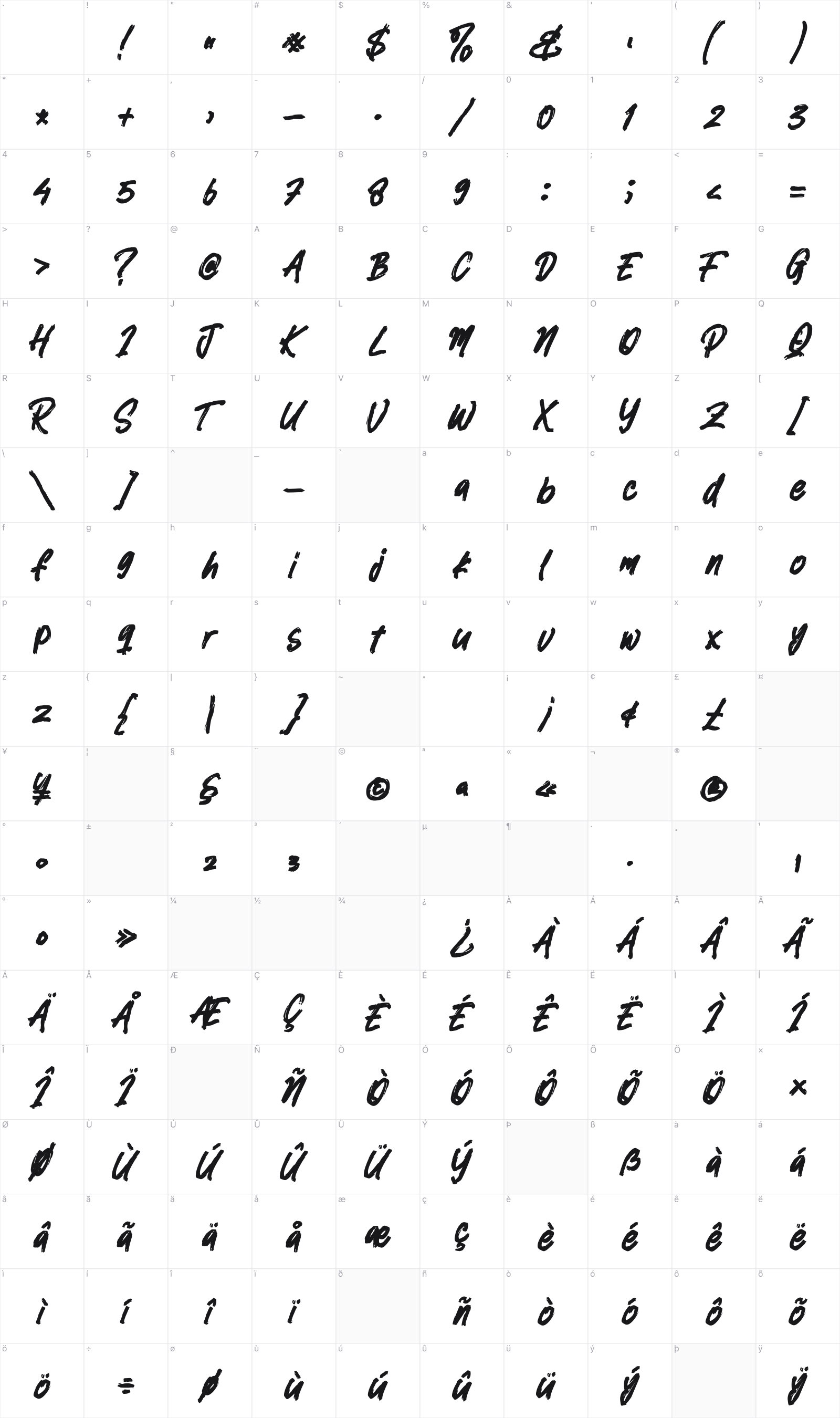 Silent Woods glyph table