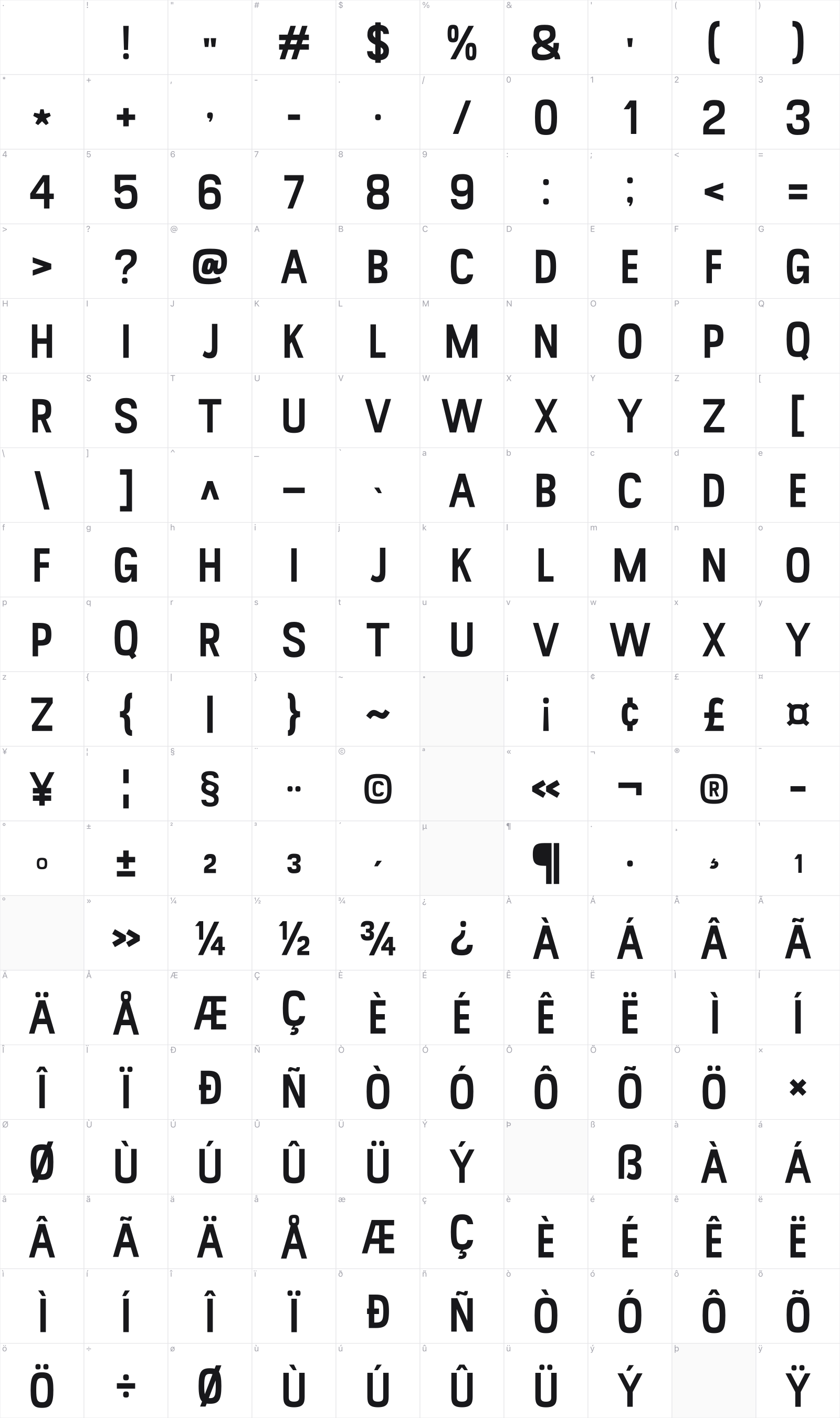 Espreso Milk glyph table
