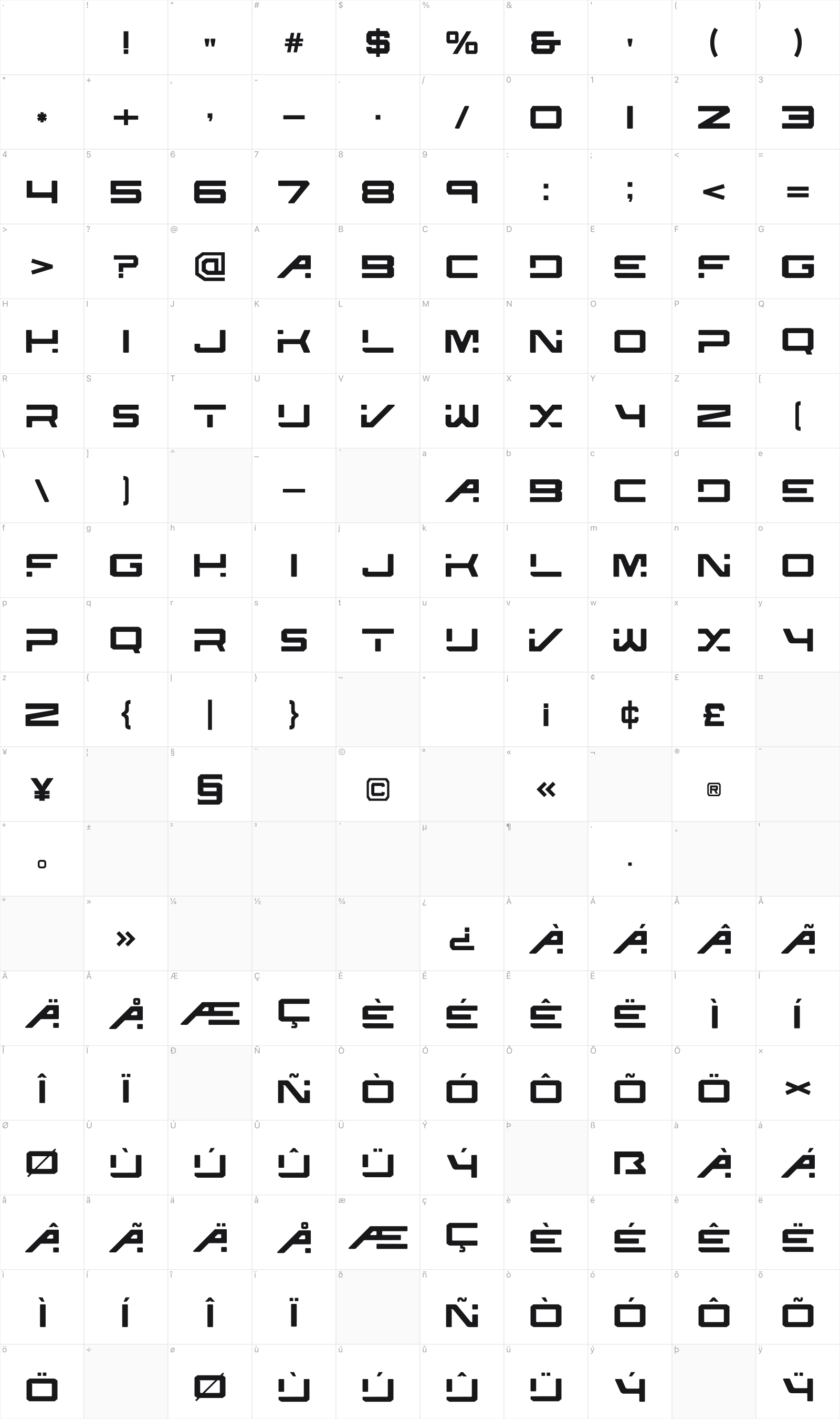 Calinor Pegasus glyph table