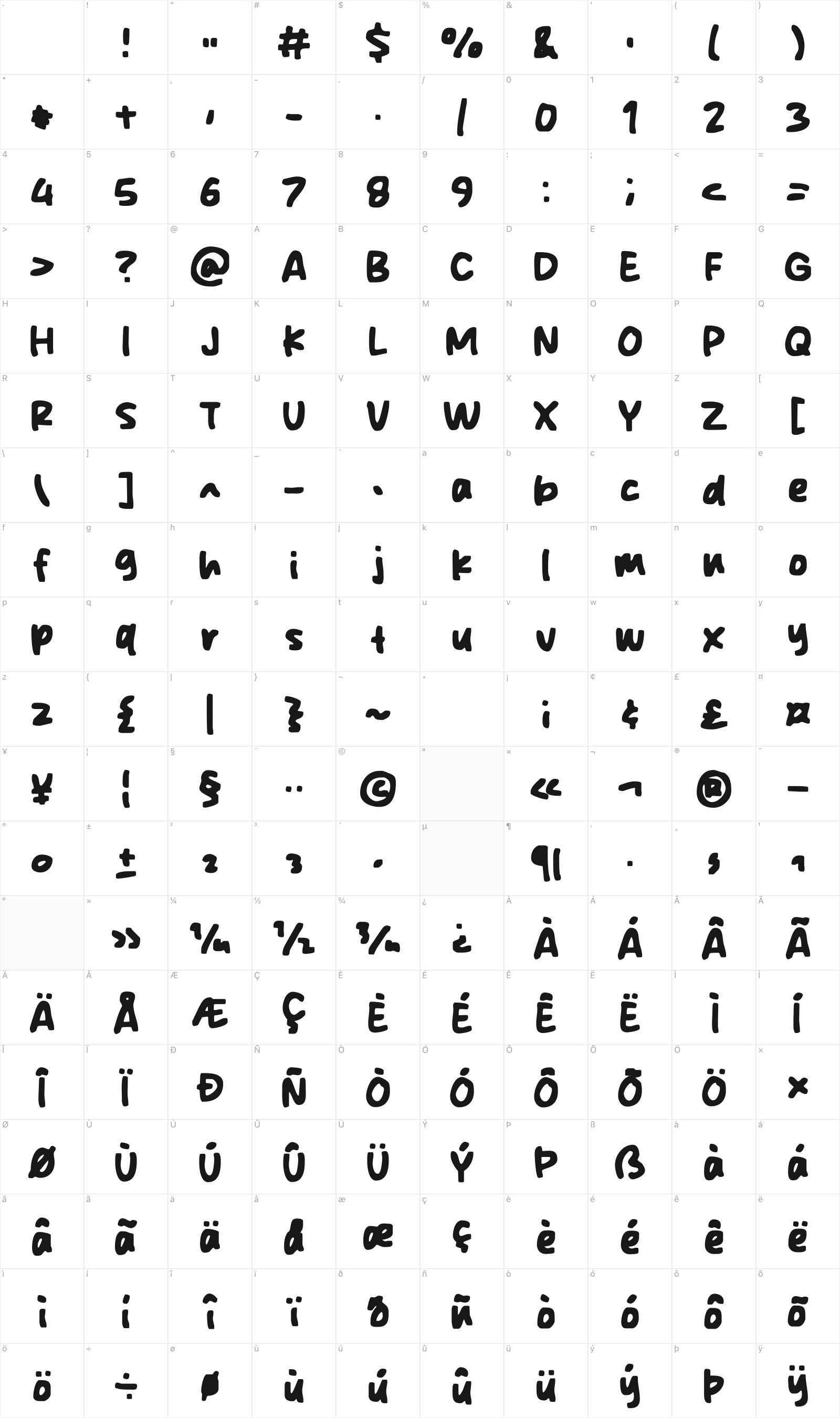 Spidol Clash glyph table