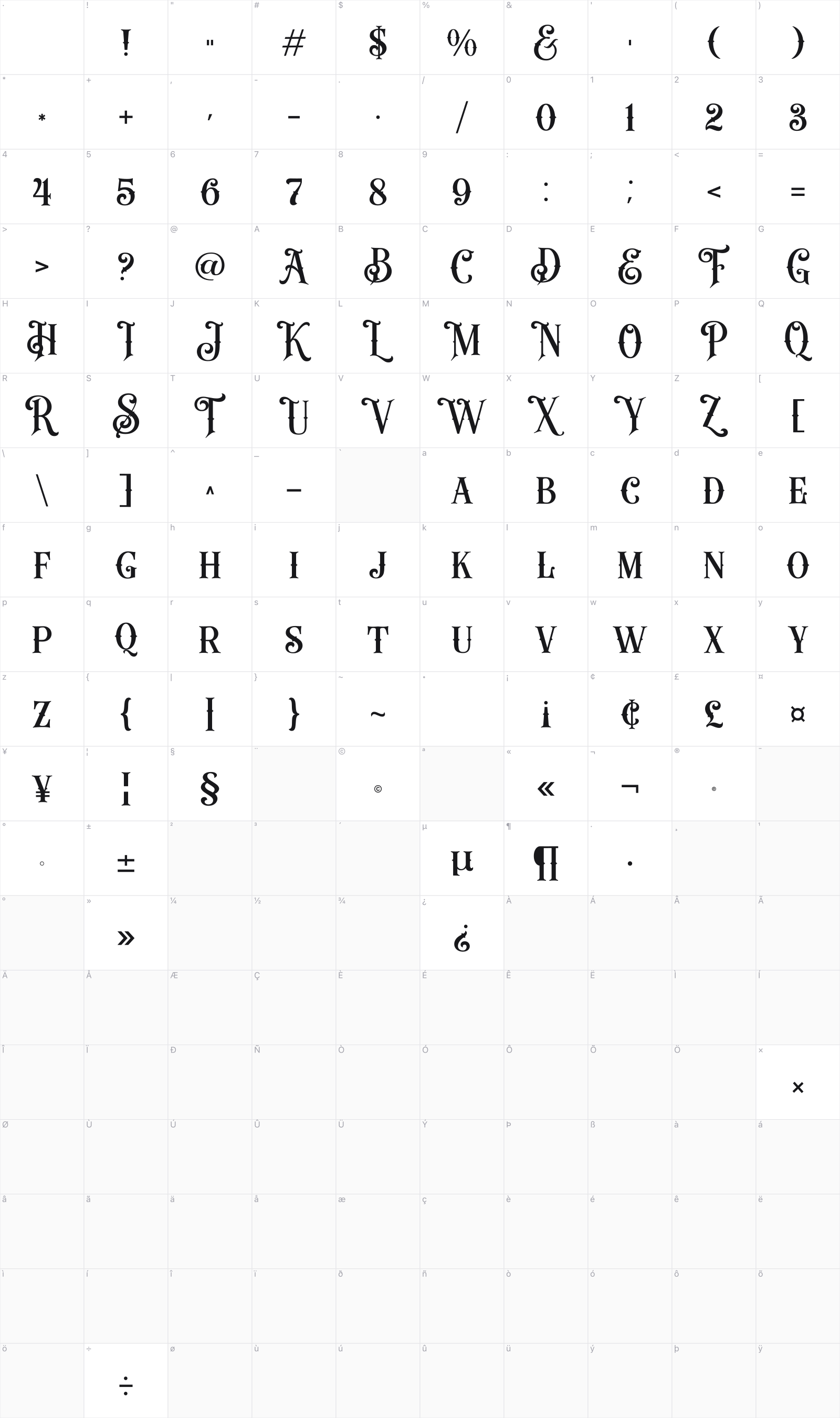 Hero Beam glyph table