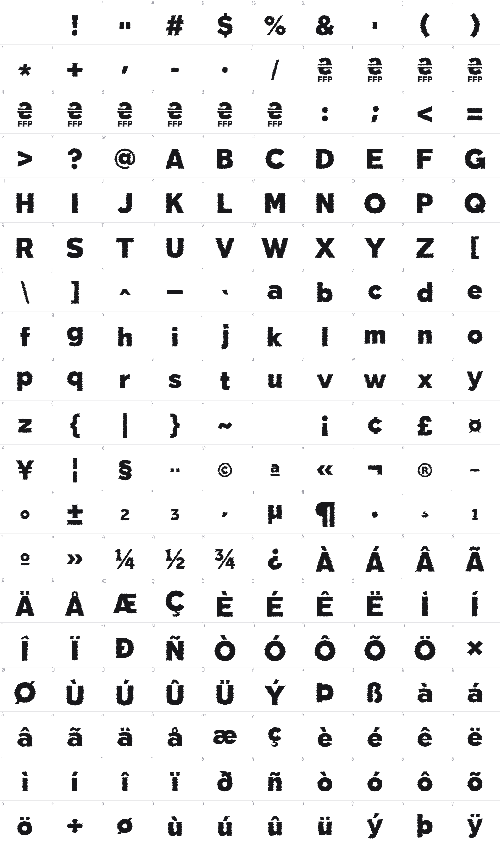 Deslucida glyph table