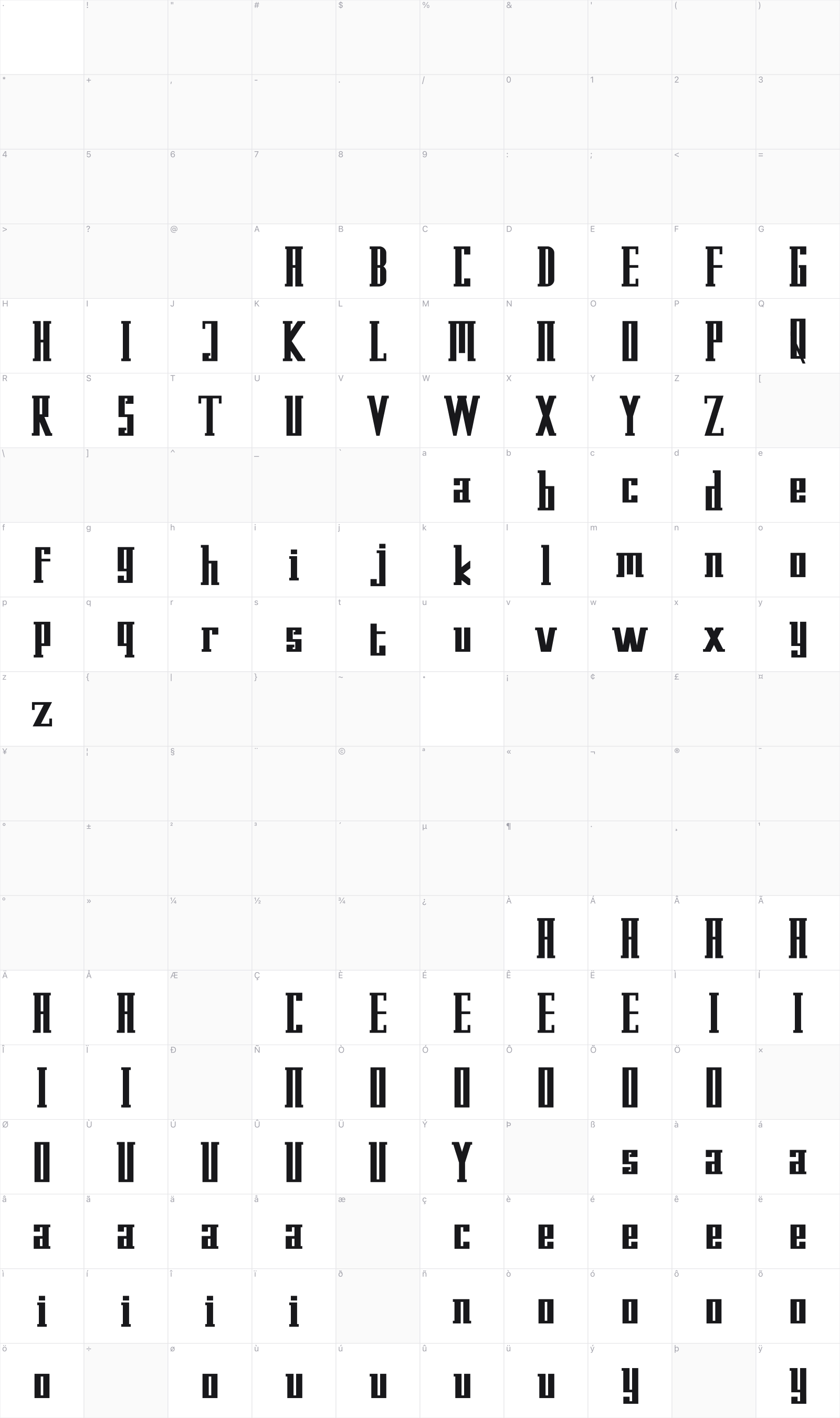 Kempton Serif glyph table