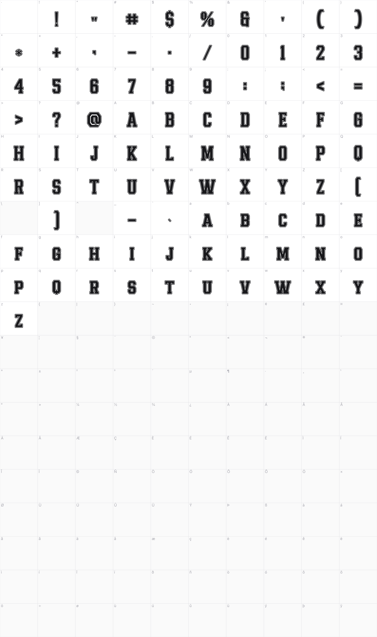 Chicago Athletic Slab Serif glyph table