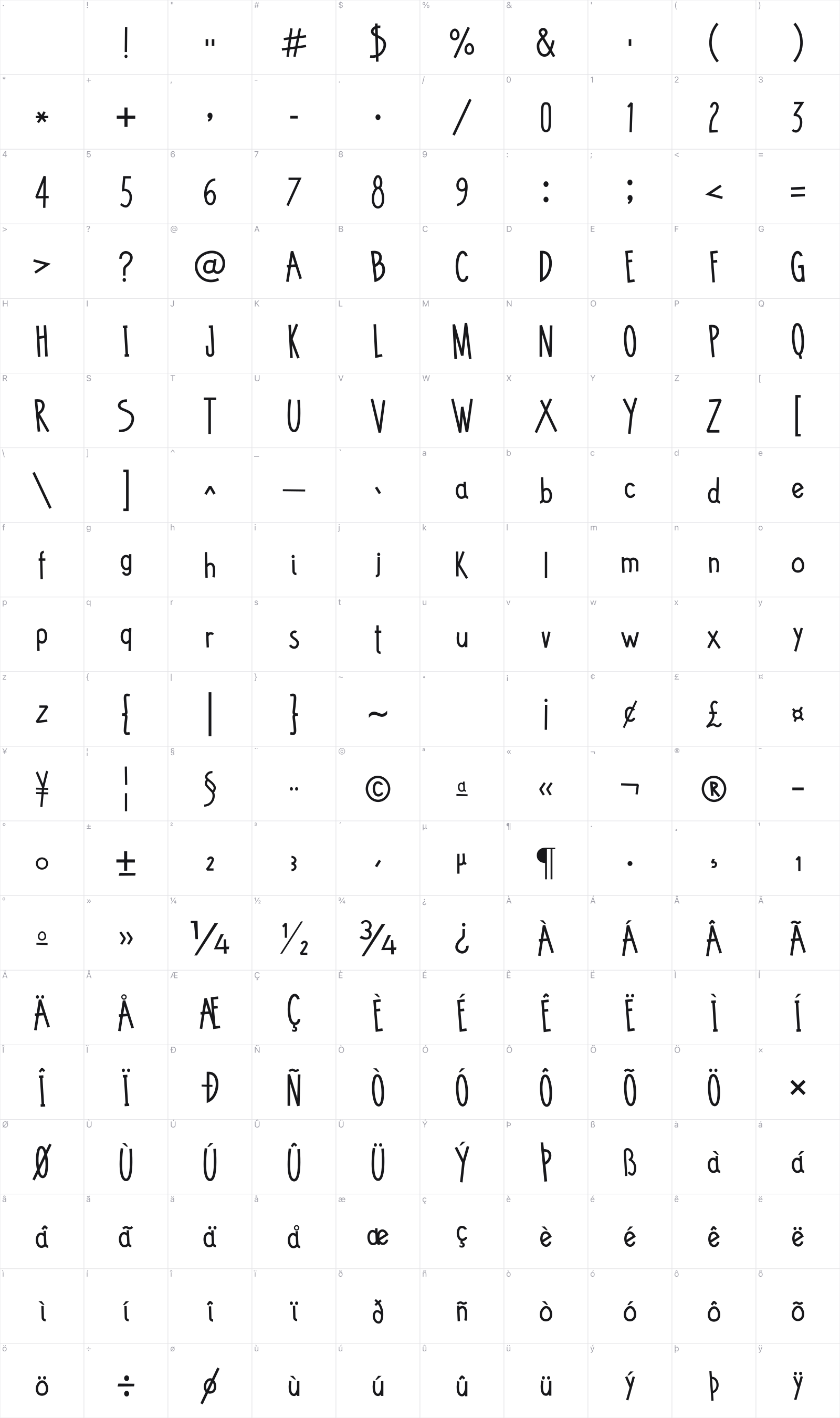 Tune Toons glyph table