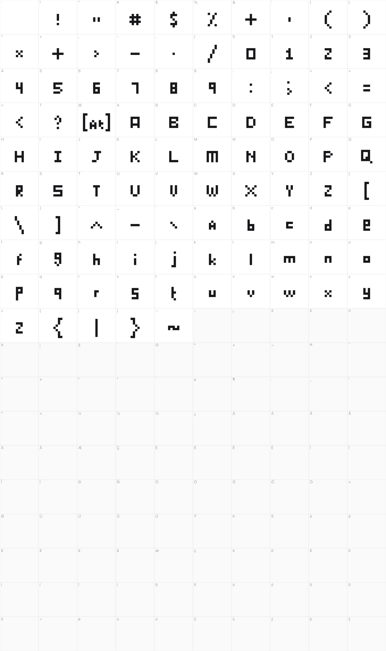 Killer Lasagna glyph table