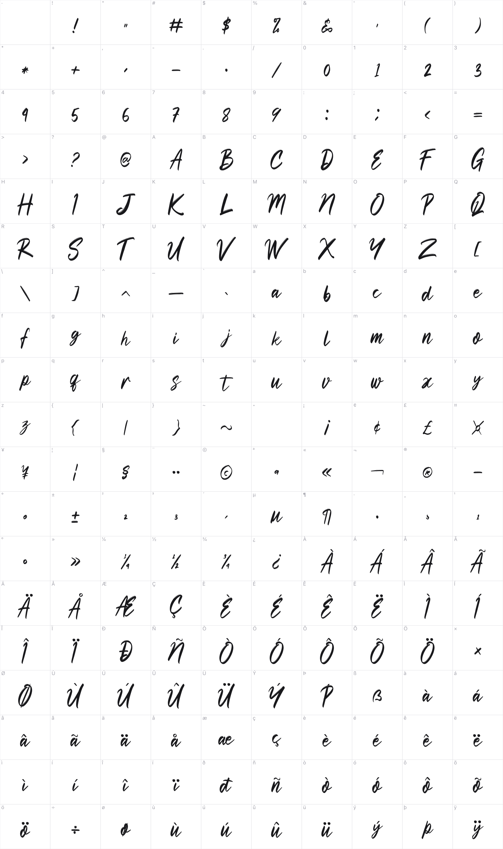 Zettosaid glyph table